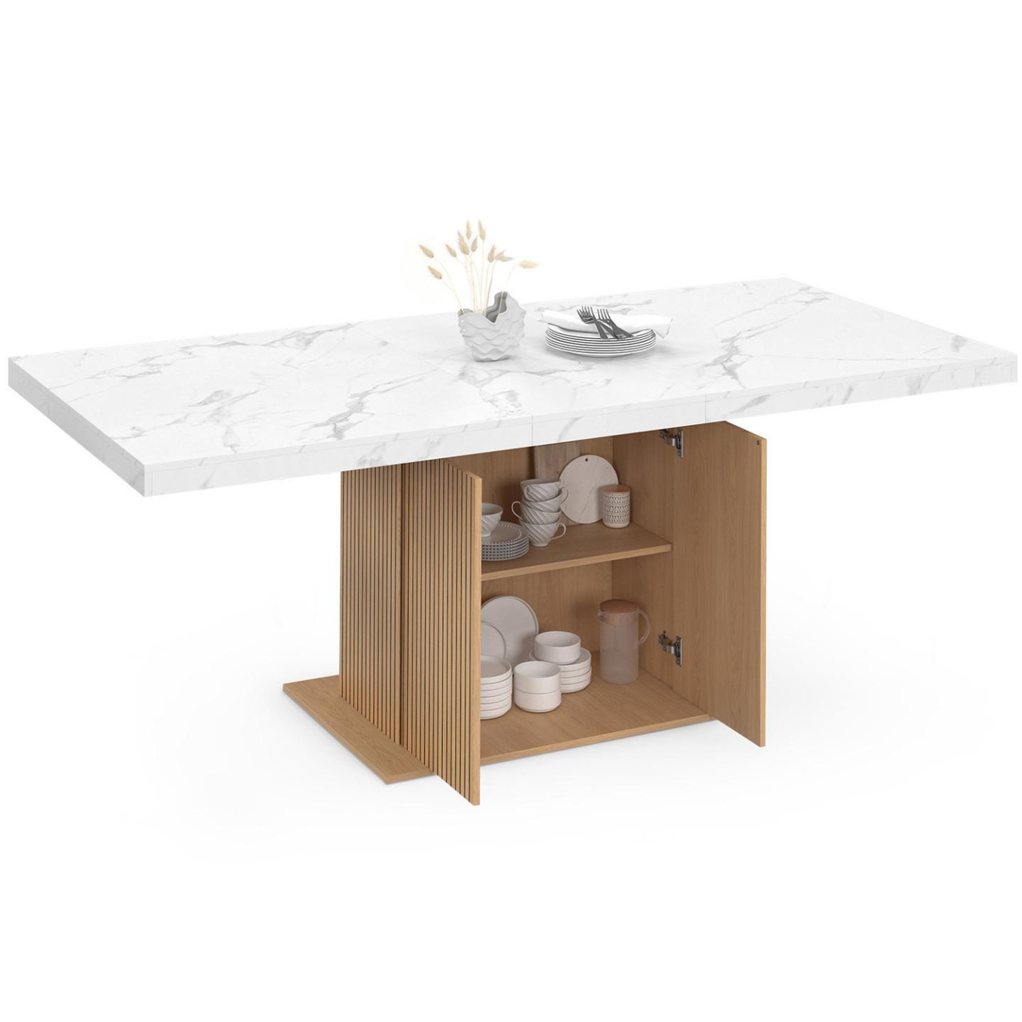 ID MARKET Table à manger extensible rectangle JULIETTE 6-10 personnes plateau effet marbre lattes tasseau bois avec rangement 160-200 cm