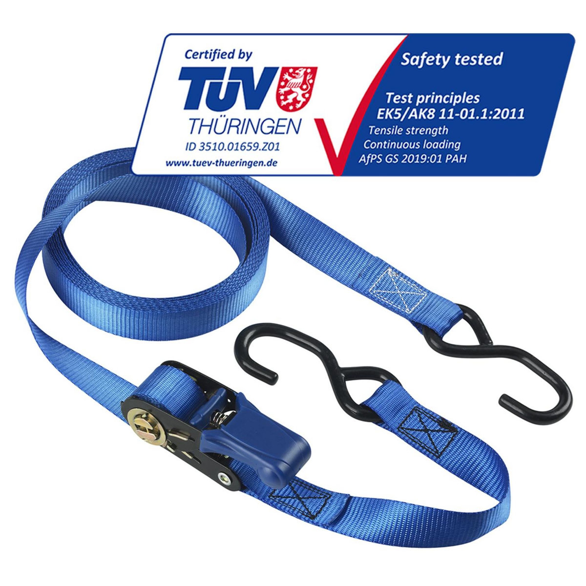 Master lock 4367EURDAT Sangle d'Arrimage avec Crochets et Cliquet, Bleu, 5m x 25mm Sangle, Pack de 4