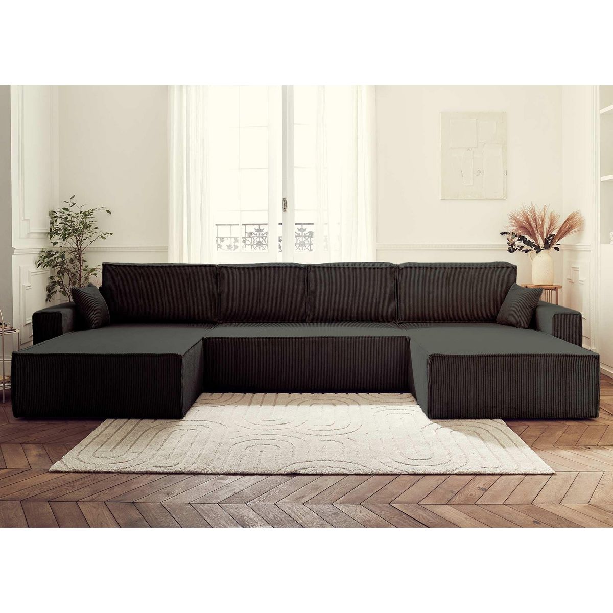 BEST MOBILIER Dellia - canapé panoramique en u - 7 places - convertible - avec coffre - en velours côtelé