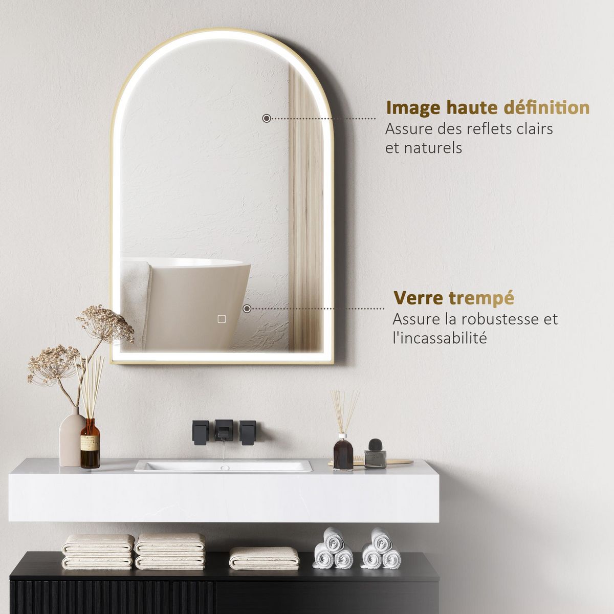 HOMCOM Miroir lumineux LED arqué de salle de bain 90 x 60 cm - tactile, réglable, anti-buée - alu doré