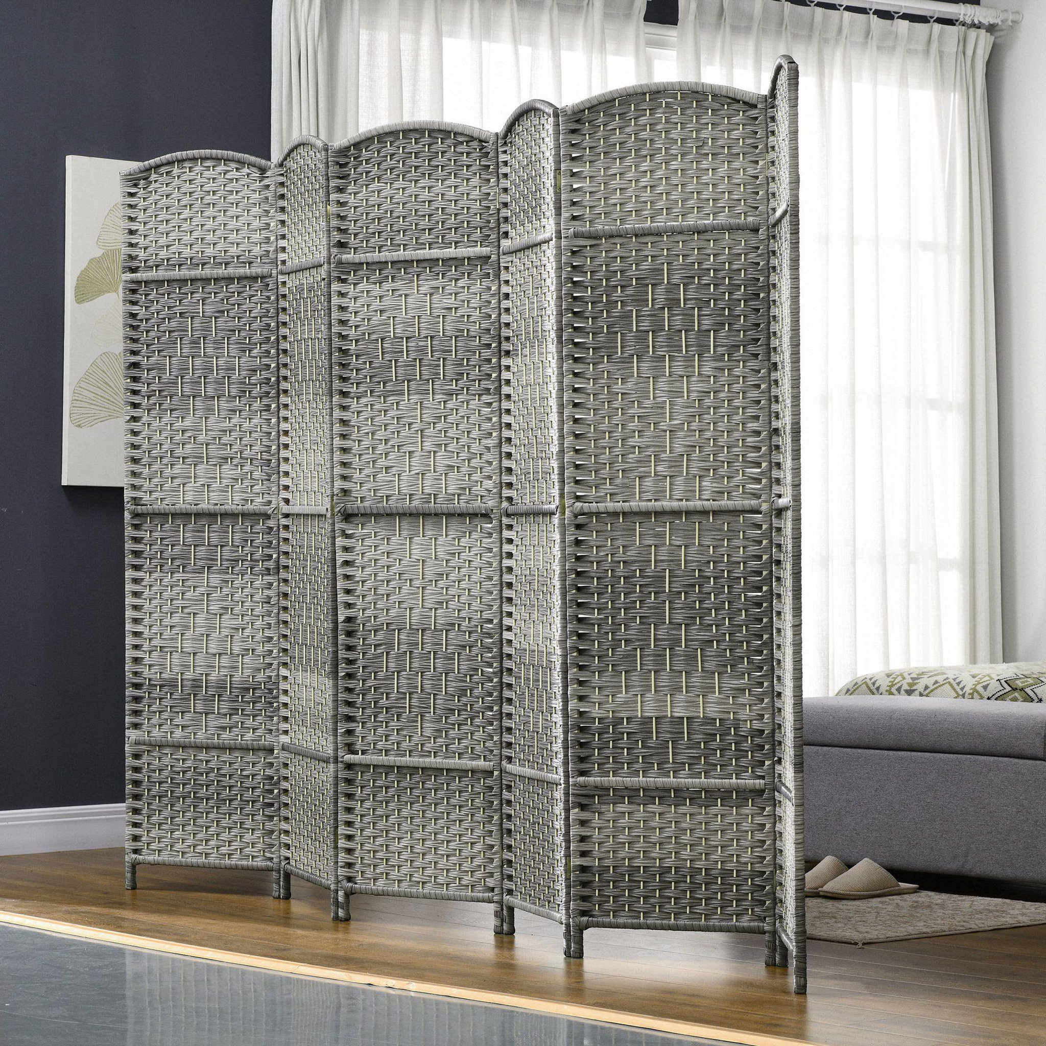 Voir la diapositive 2 : HOMCOM Paravent intérieur 6 panneaux pliables en bois séparateur de pièce style bohème tissé gris