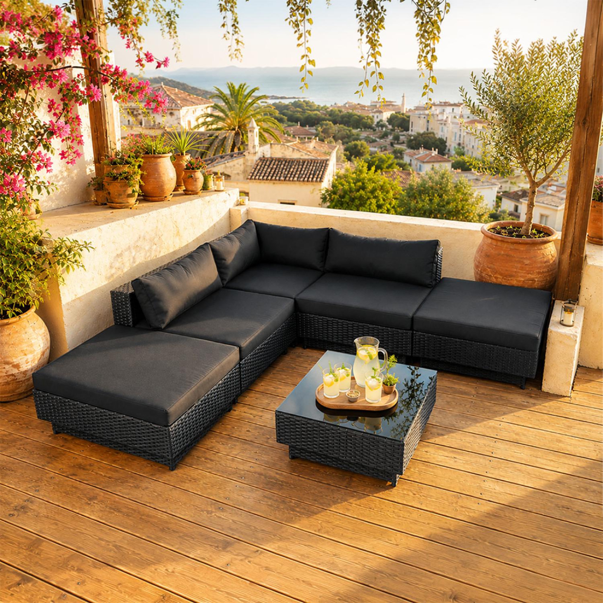 Voir la diapositive 4 : CONCEPT USINE Salon de jardin 5 places modulable en résine tressée noir amorgos
