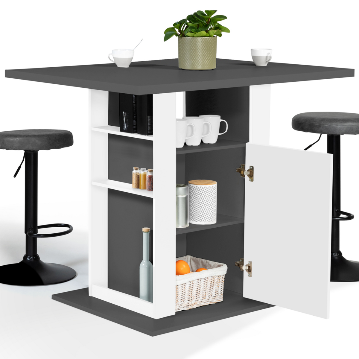 ID MARKET Ilot central UGO 110 cm plateau bois gris et blanc avec rangements