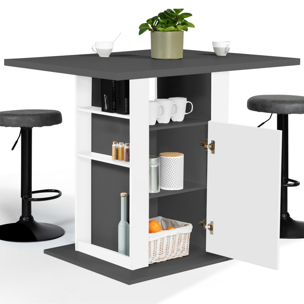 ID MARKET Ilot central UGO 110 cm plateau bois gris et blanc avec rangements