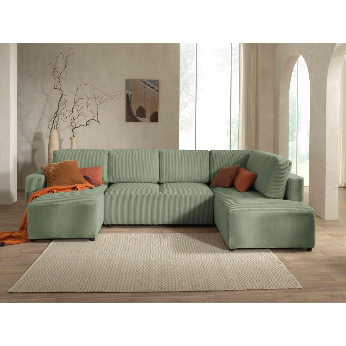 LISA DESIGN Livy - canapé panoramique convertible - avec coffre - en velours côtelé - 7 places - droit