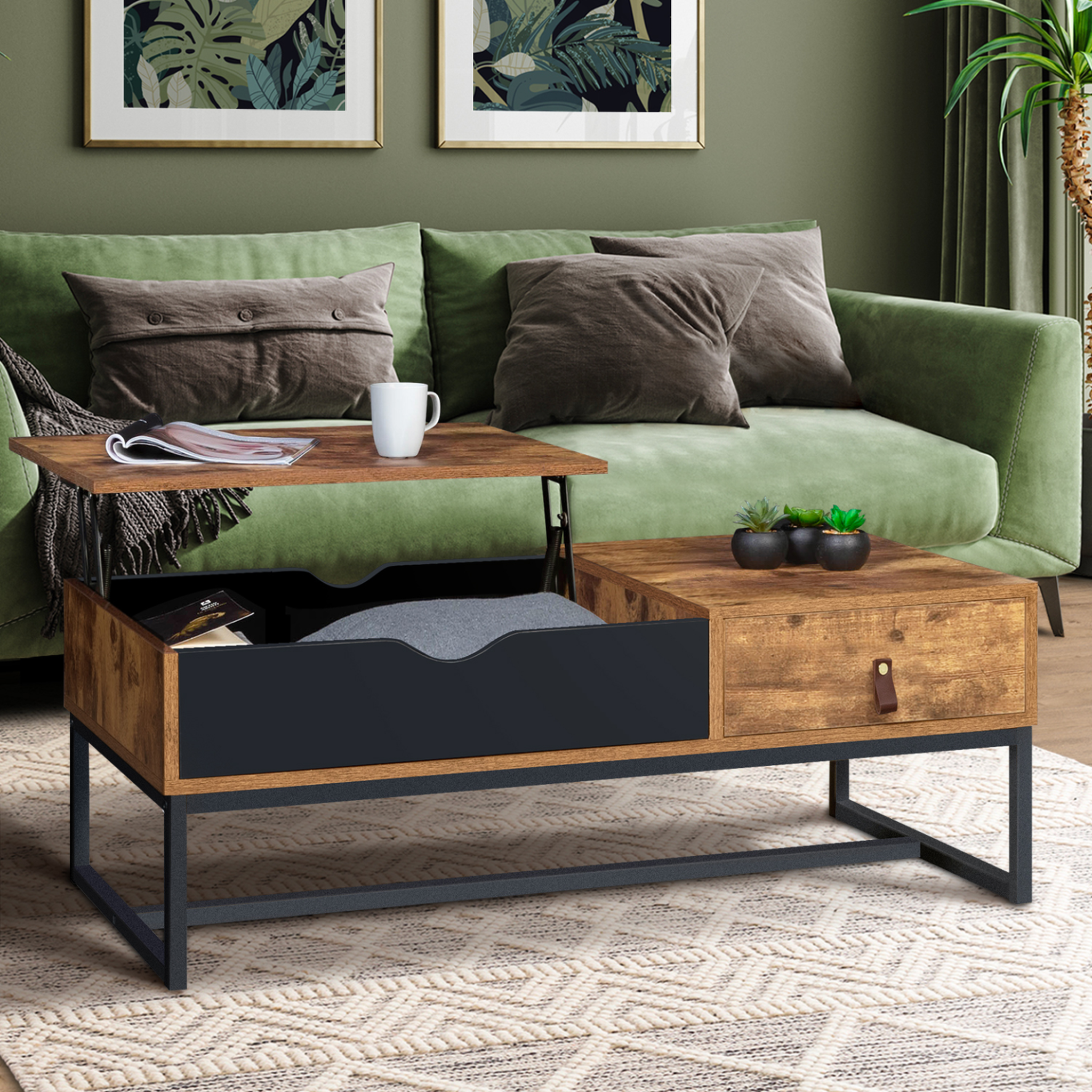 Voir la diapositive 2 : ID MARKET Table basse plateau relevable rectangulaire chicago 1 tiroir design industriel