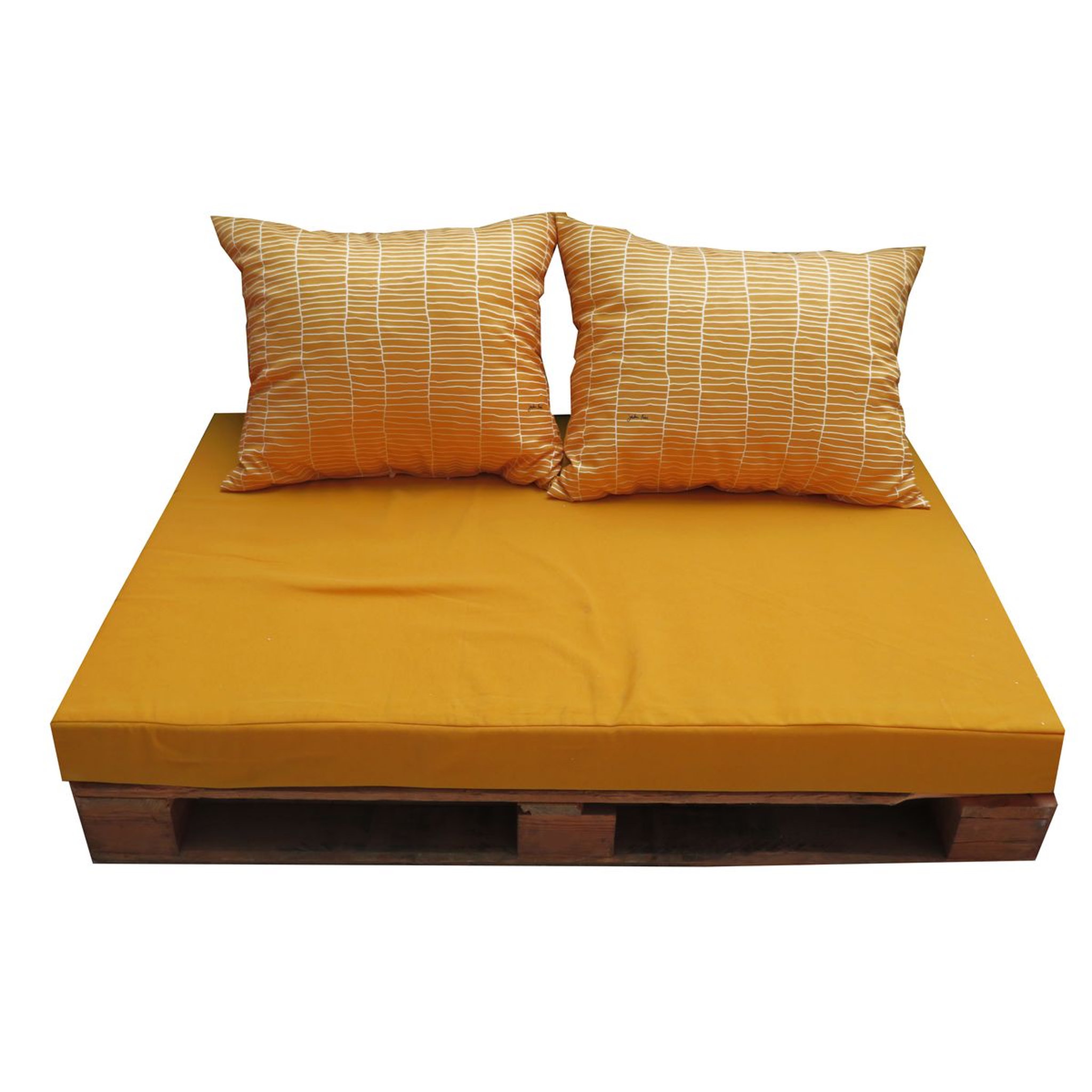 Voir la diapositive 1 : Jardin Privé Ensemble 3 coussins palette 1190x800x100 cm curcuma SUEDE