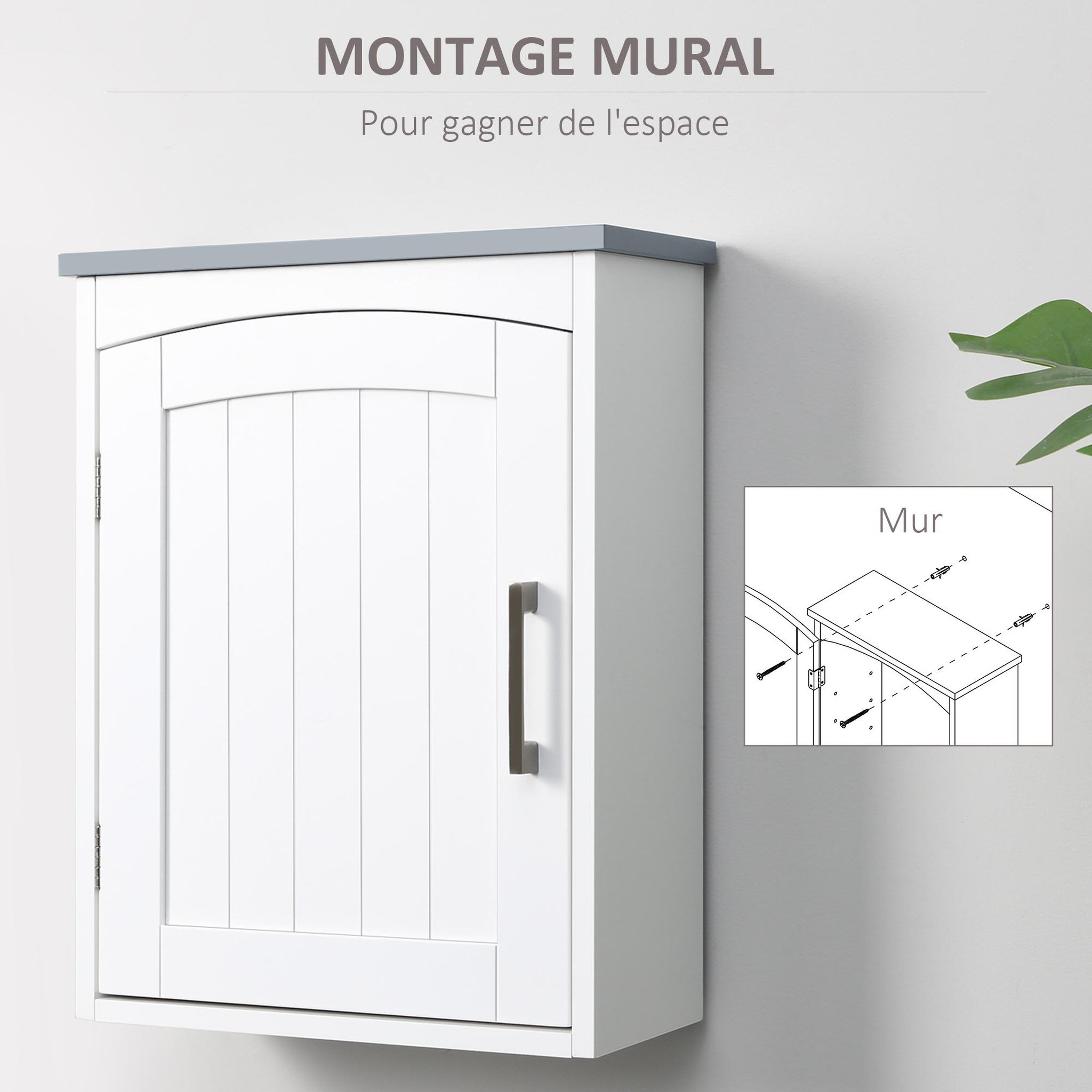 Voir la diapositive 6 : KLEANKIN Armoire haute murale de salle de bain ou wc - placard porte avec étagère réglable - dim. 41l x 18l x 52h cm - mdf blanc gris