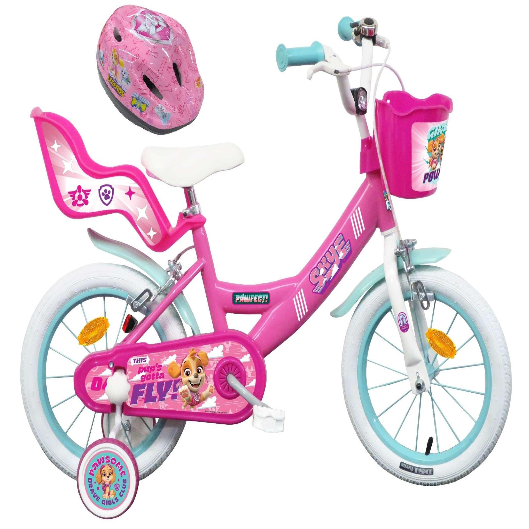 Nickelodeon Vélo enfant - Modèle 16'' Pat Patrouille à l'effigie de Stella + Casque pour enfant de 105/120 cm avec stabilisateurs - Panier avant - Porte poupée arrière - 2 freins