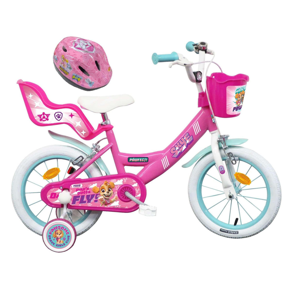 Nickelodeon Vélo enfant - Modèle 16'' Pat Patrouille à l'effigie de Stella + Casque pour enfant de 105/120 cm avec stabilisateurs - Panier avant - Porte poupée arrière - 2 freins