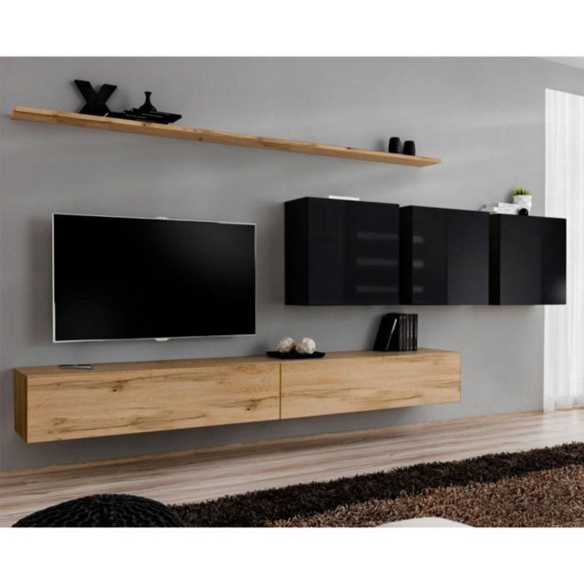 Paris Prix Meuble TV Mural Design  Switch VII  340cm Naturel & Noir