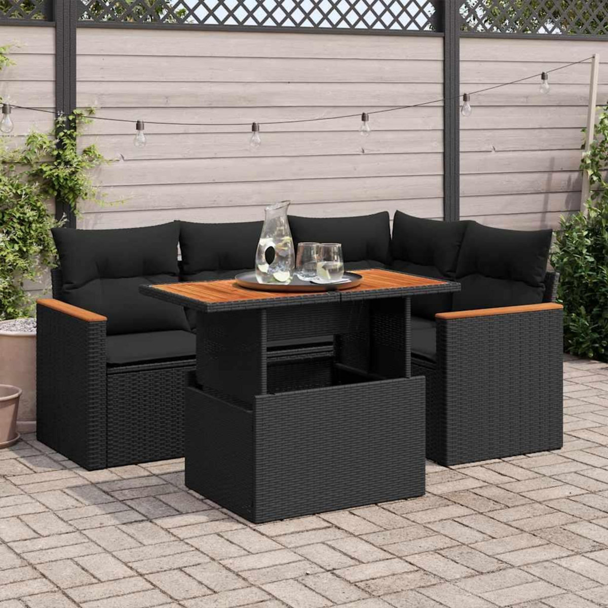 VIDAXL Salon de jardin 5 pcs avec coussins noir resine tressee acacia