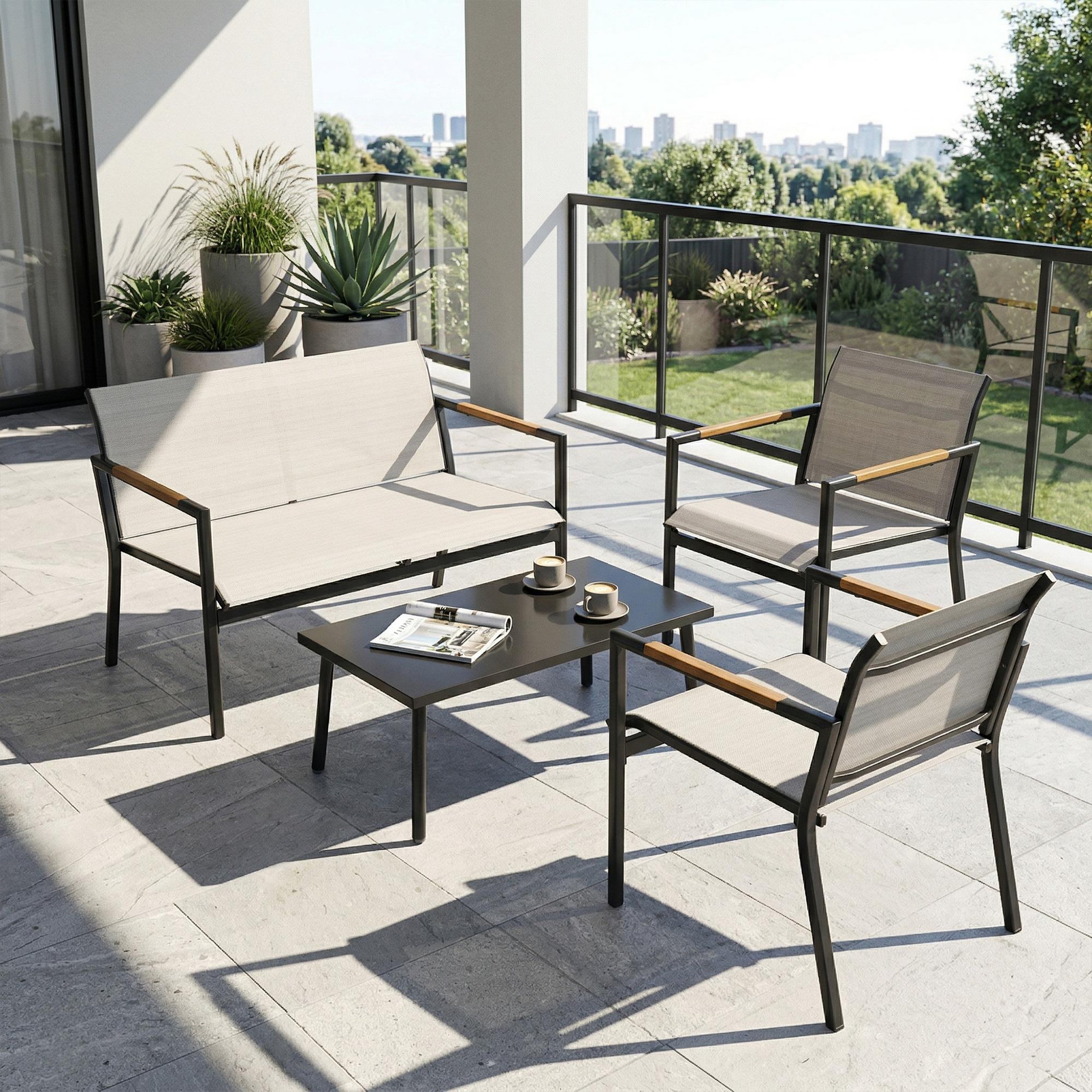 Voir la diapositive 4 : OUTSUNNY Salon de jardin design métal textilène effet bois 4 places 4 pièces