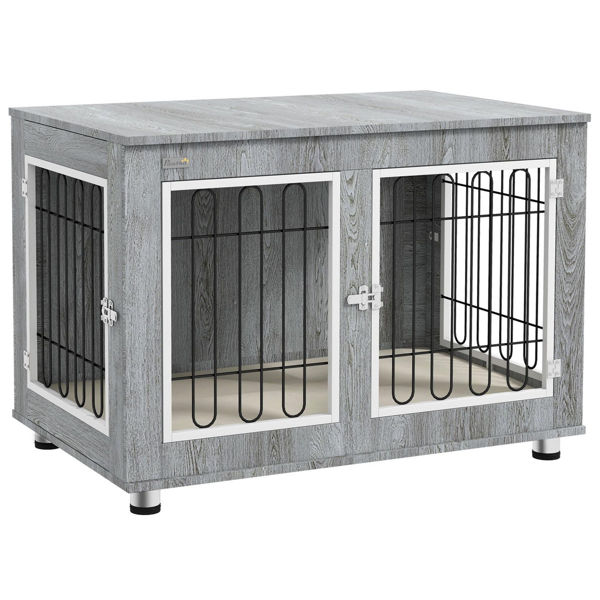 PAWHUT Cage pour chien sur pied - 2 portes verrouillables, coussin déhoussable inclus - acier filaire noir panneaux aspect bois gris