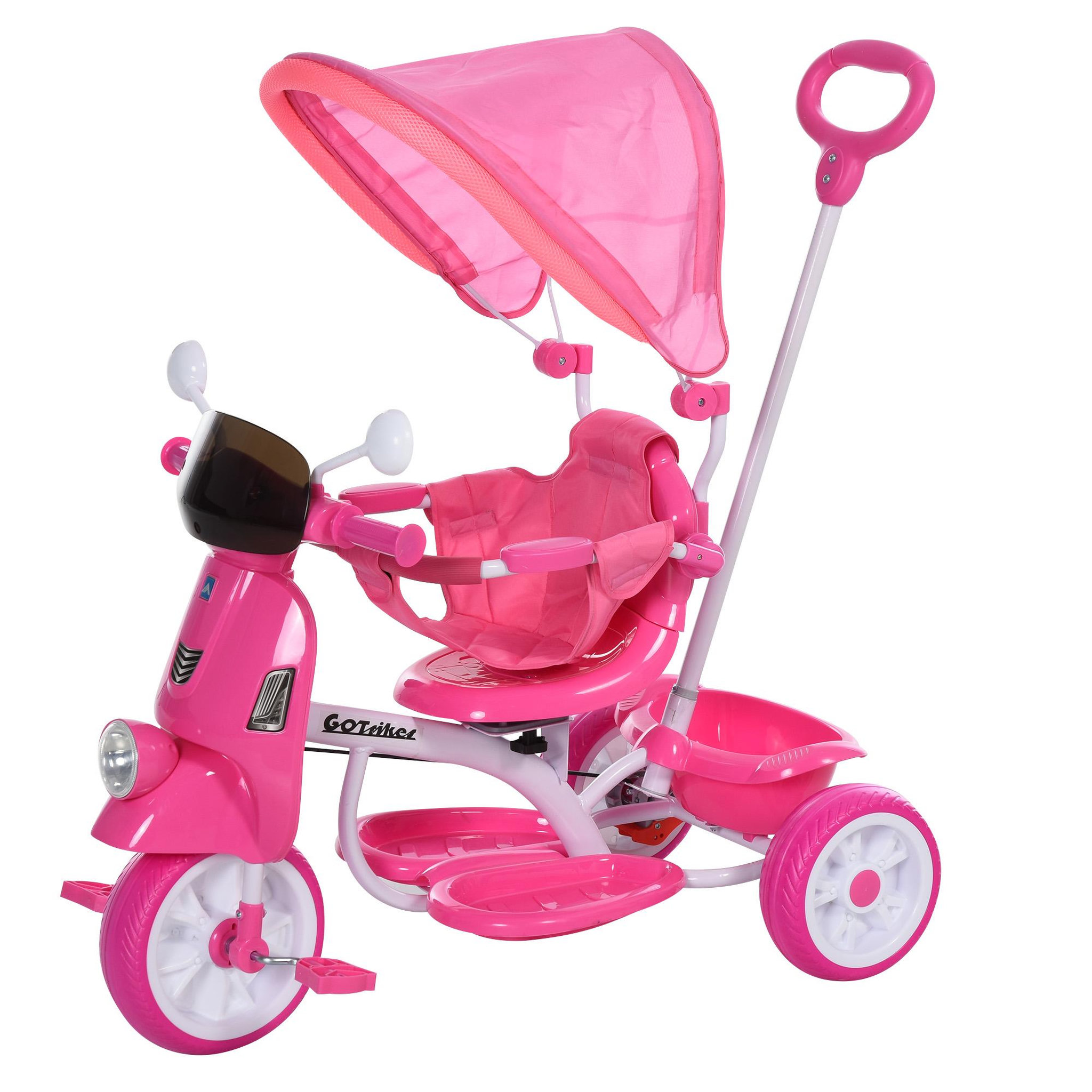 Voir la diapositive 1 : HOMCOM Tricycle enfants évolutif canne, pare-soleil pliable amovible effets lumineux sonores métal blanc PP rose