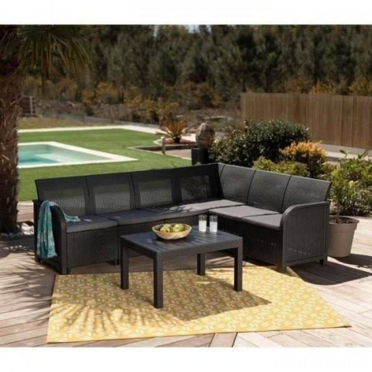 ALLIBERT by KETER Salon de jardin - résine aspect rotin tressé - Allibert by KETER - 6 personnes - SanRemo - Gris graphite