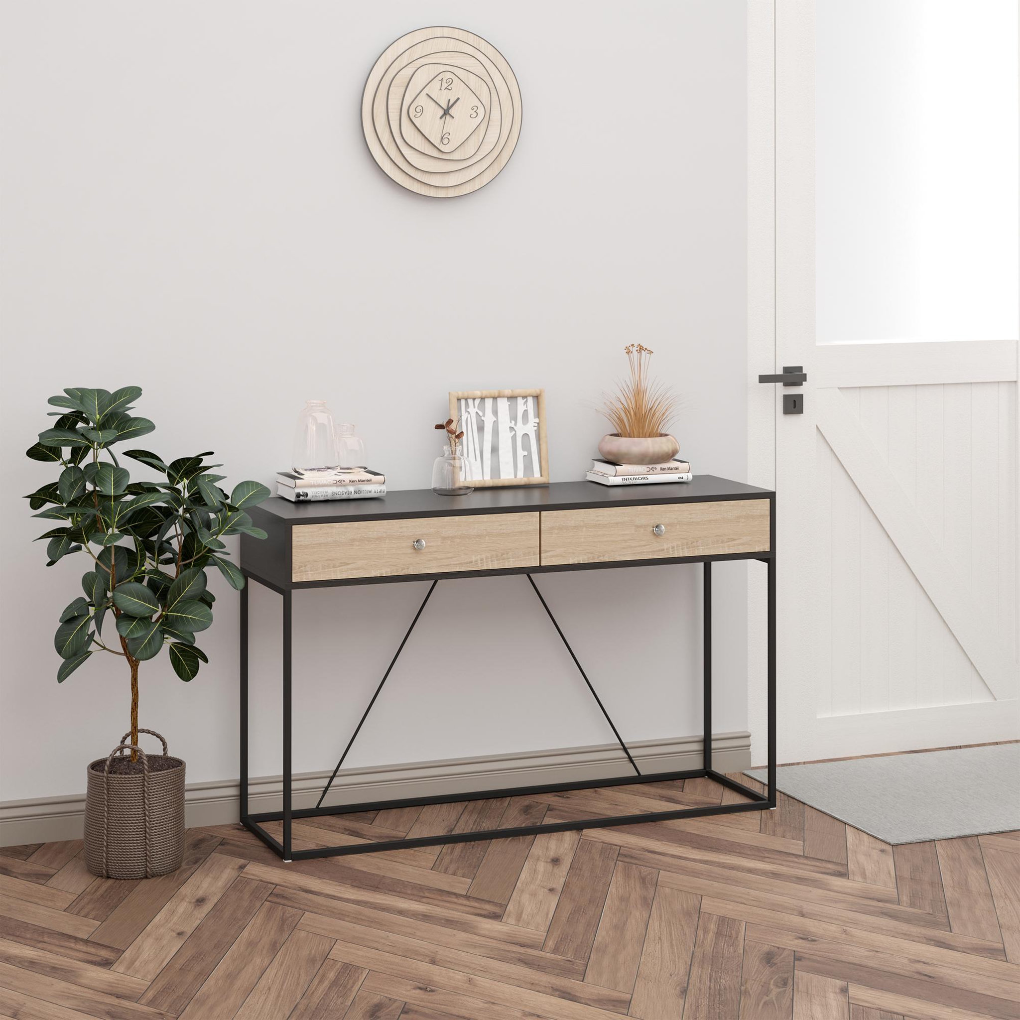 Voir la diapositive 2 : HOMCOM Table console moderne 2 tiroirs métal et panneau de particules dim. 120 x 35 x 75 cm