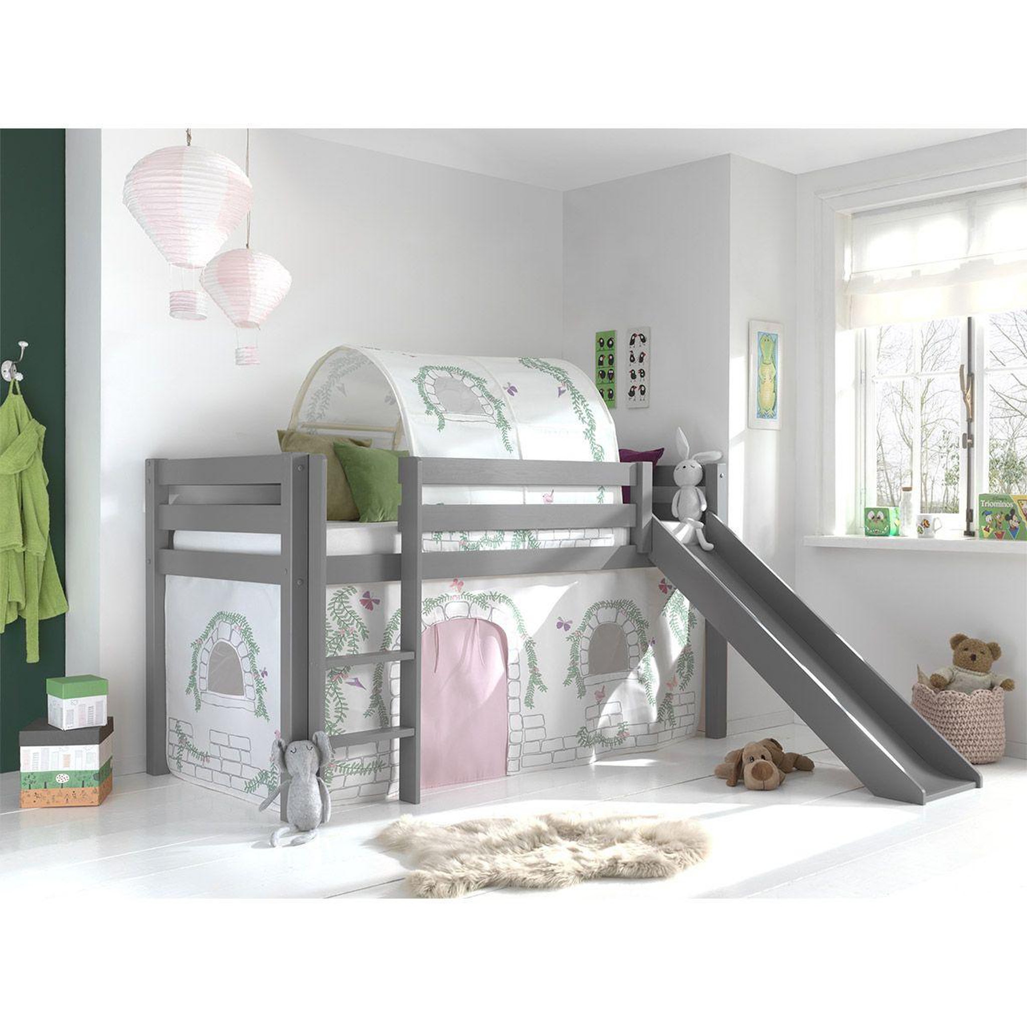 Voir la diapositive 2 : Paris Prix Pack - lit enfant toboggan, tente & tunnel  pino birdy  gris