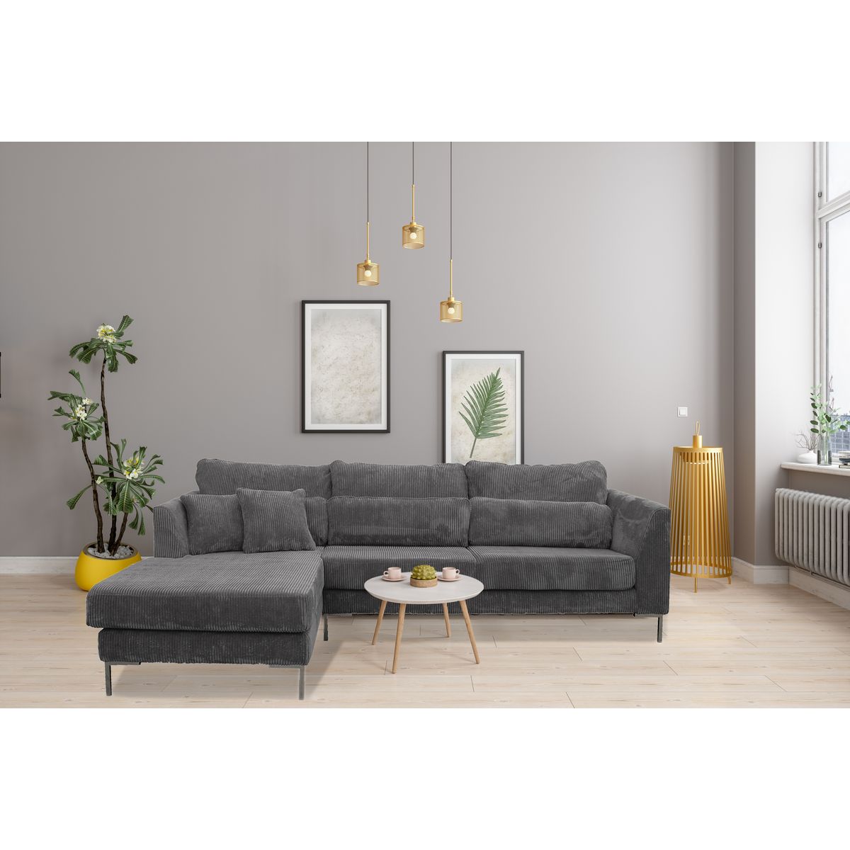 Canapé d'angle 5 places piétement métal  tissu velours coloris gris FANY