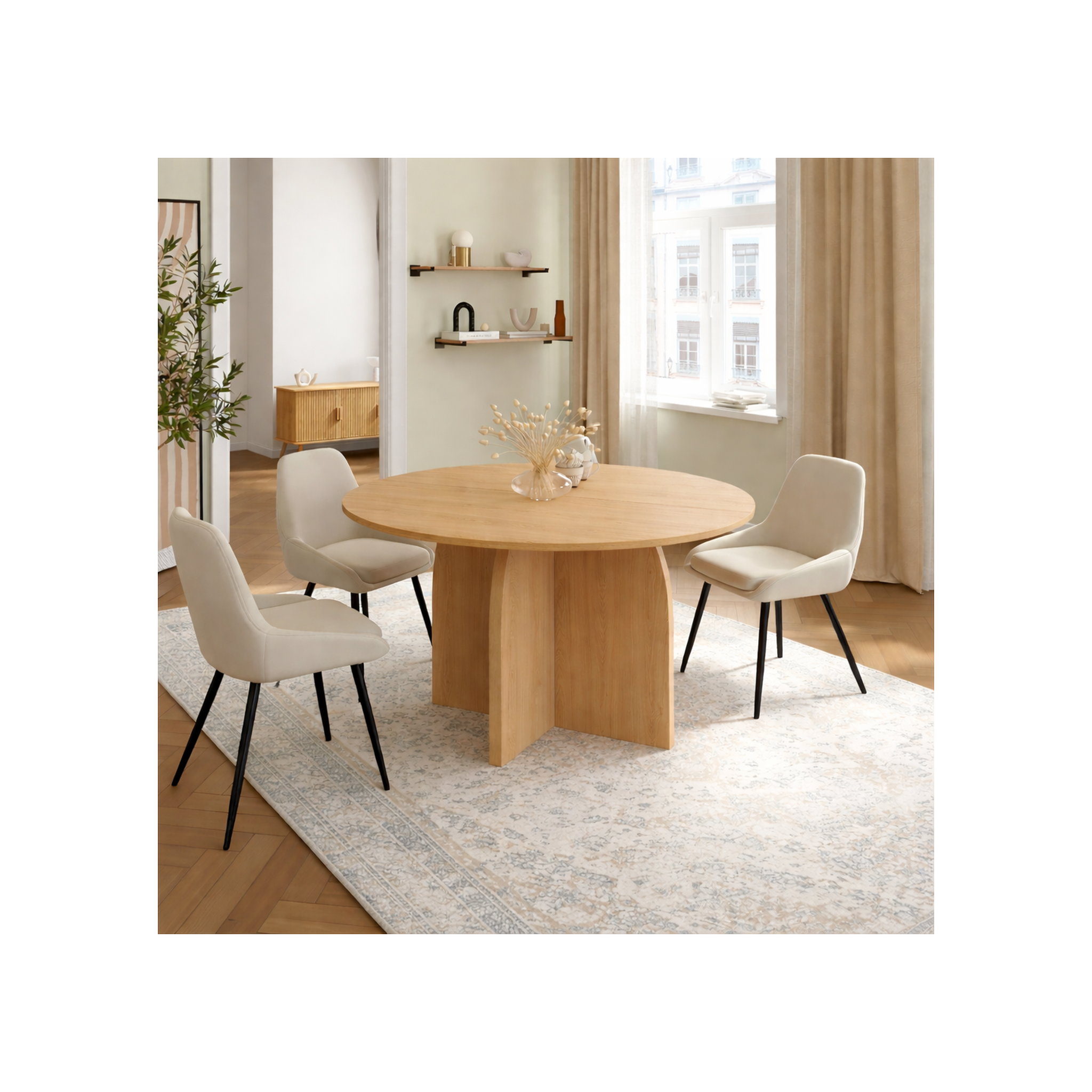 Voir la diapositive 2 : ID MARKET Table à manger fixe japandi ronde edith 6 personnes bois effet hêtre 110 cm
