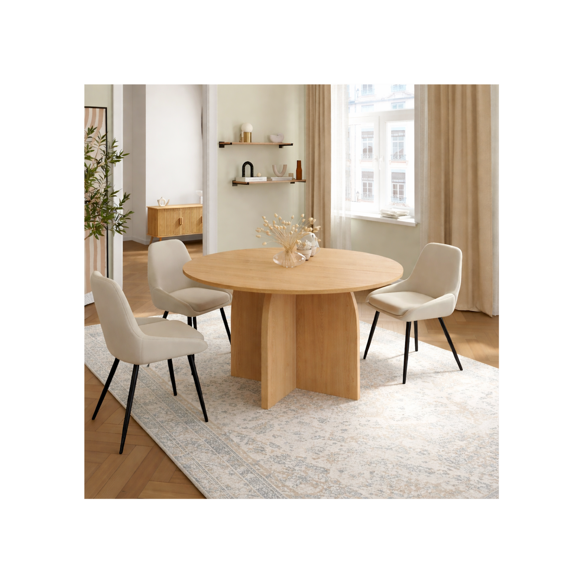 ID MARKET Table à manger fixe japandi ronde EDITH 6 personnes bois effet hêtre 110 cm