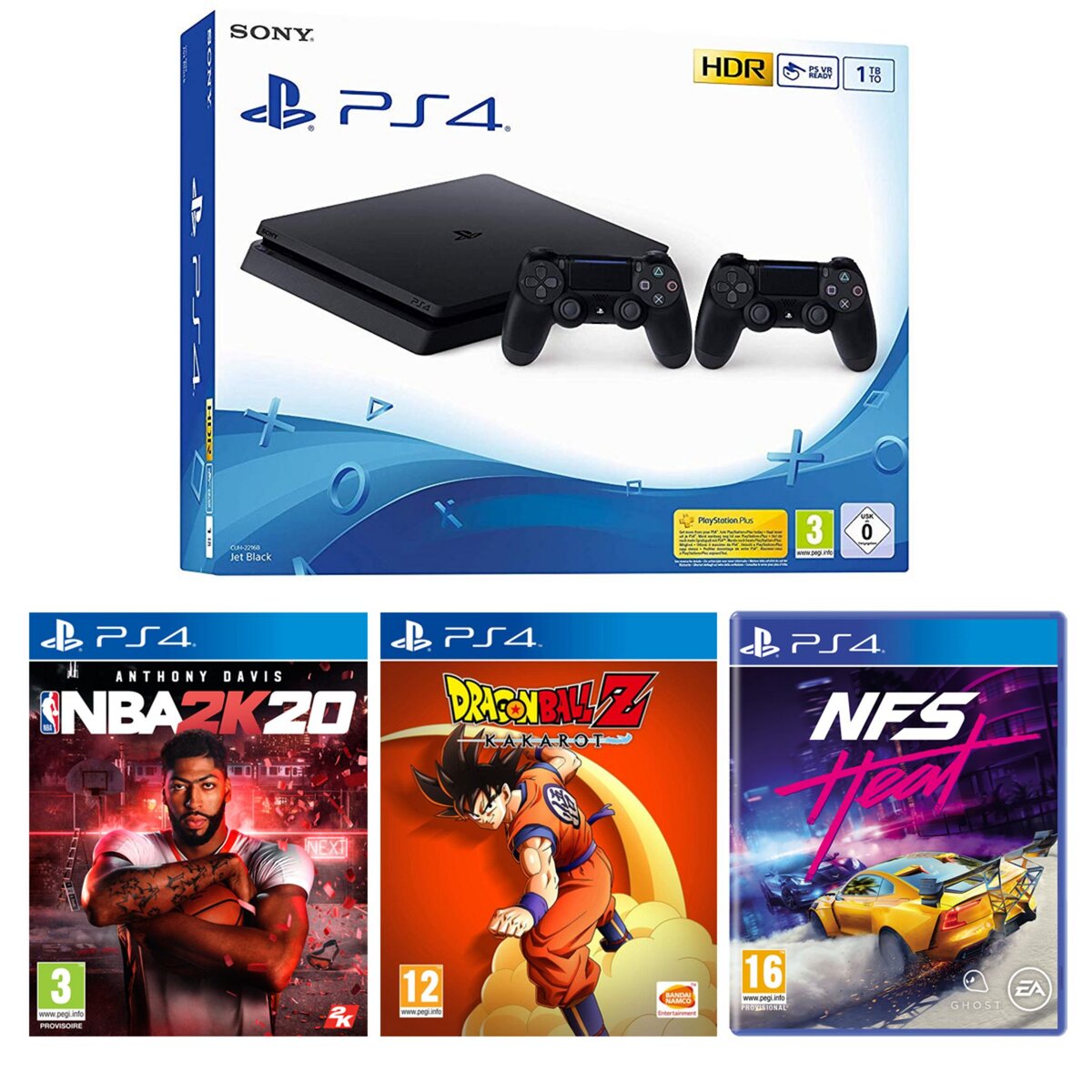 Console PS4 Slim Noire 1To 2 manettes + NBA 2K20 + Need For Speed Heat + Dragon Ball Z: Kakarot