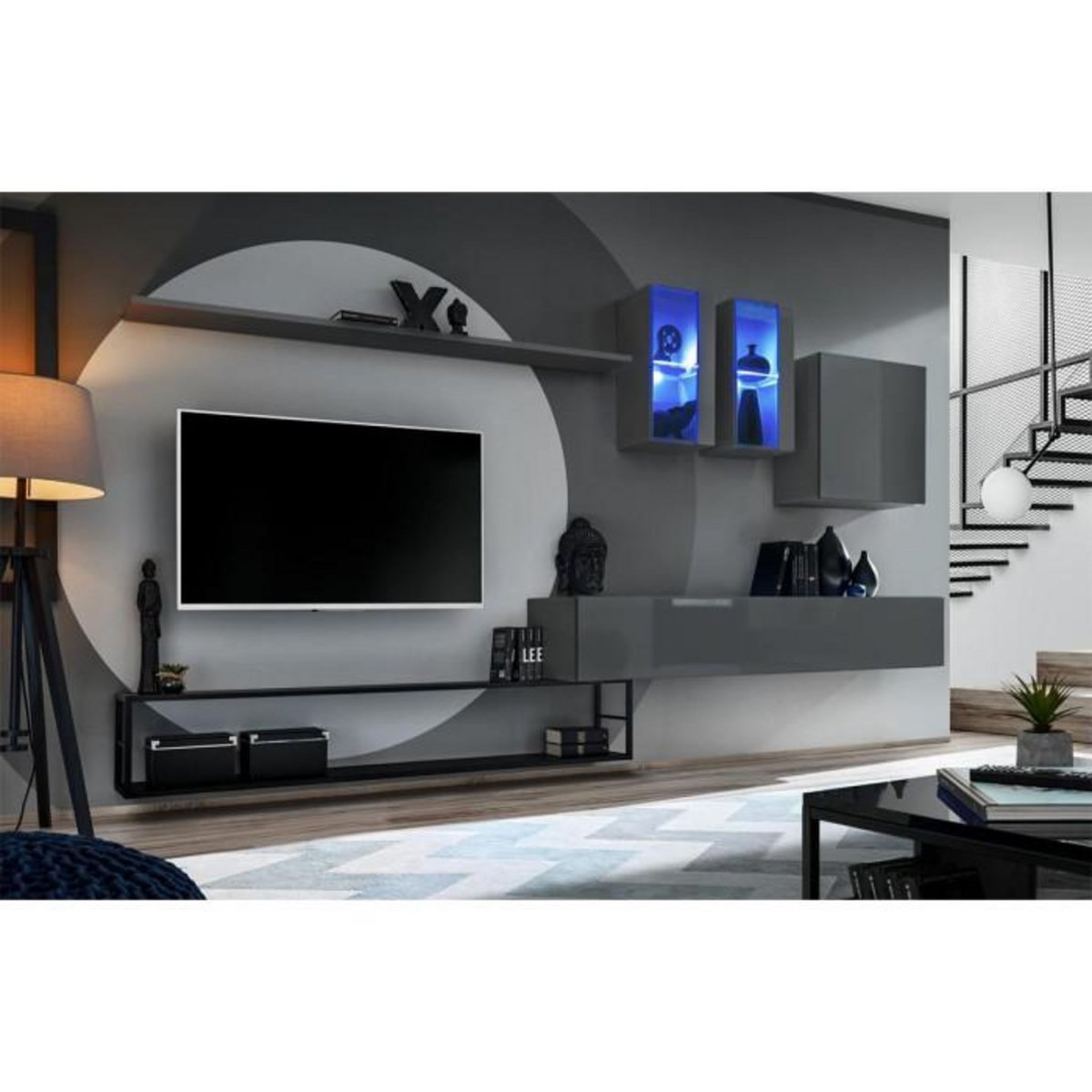 Paris Prix Ensemble Meuble TV Design  Switch I  330cm Gris & Noir