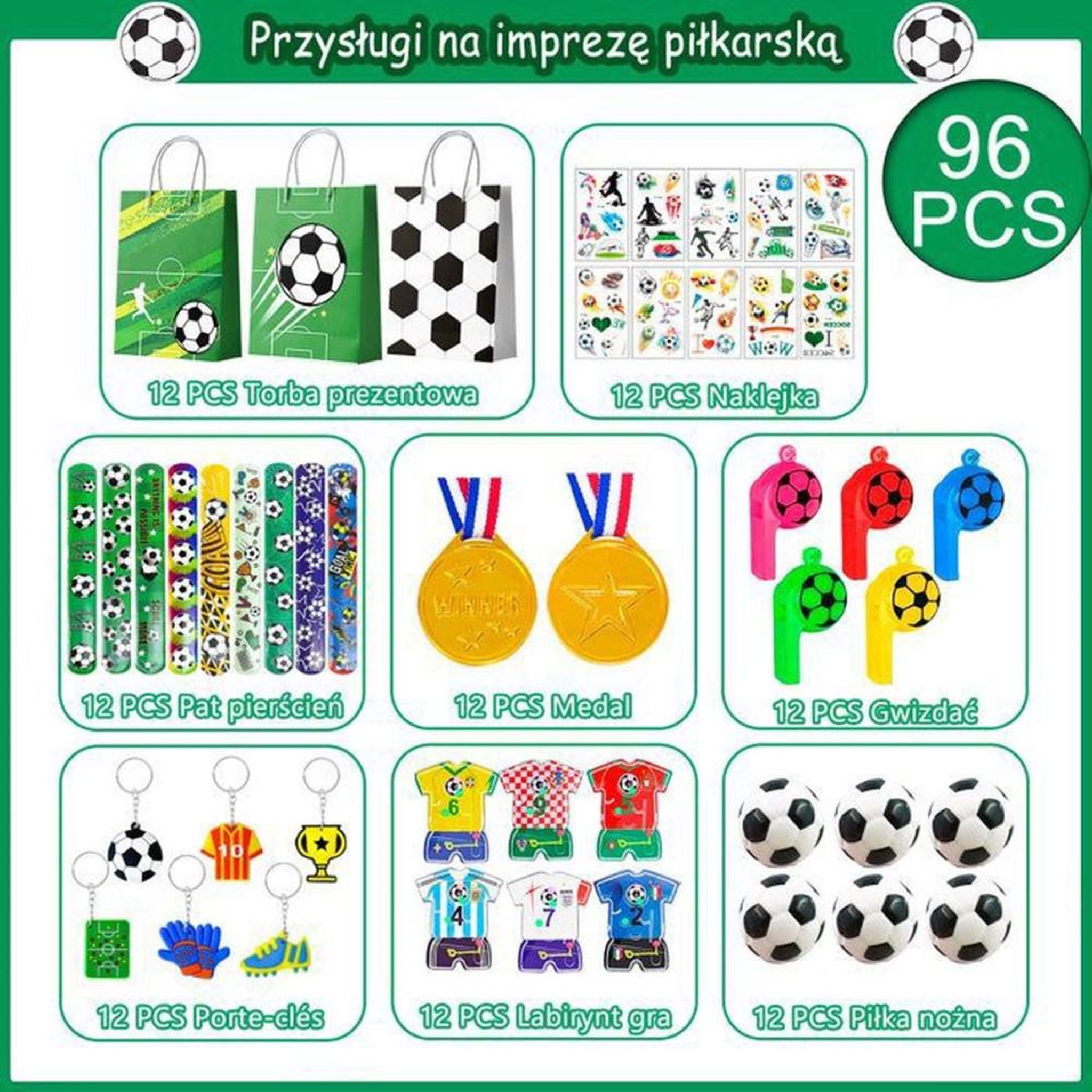 Voir la diapositive 6 : Coffret accessoires fête football avec 12 sacs cadeaux, bracelets, autocollants, médailles, gommes et sifflets