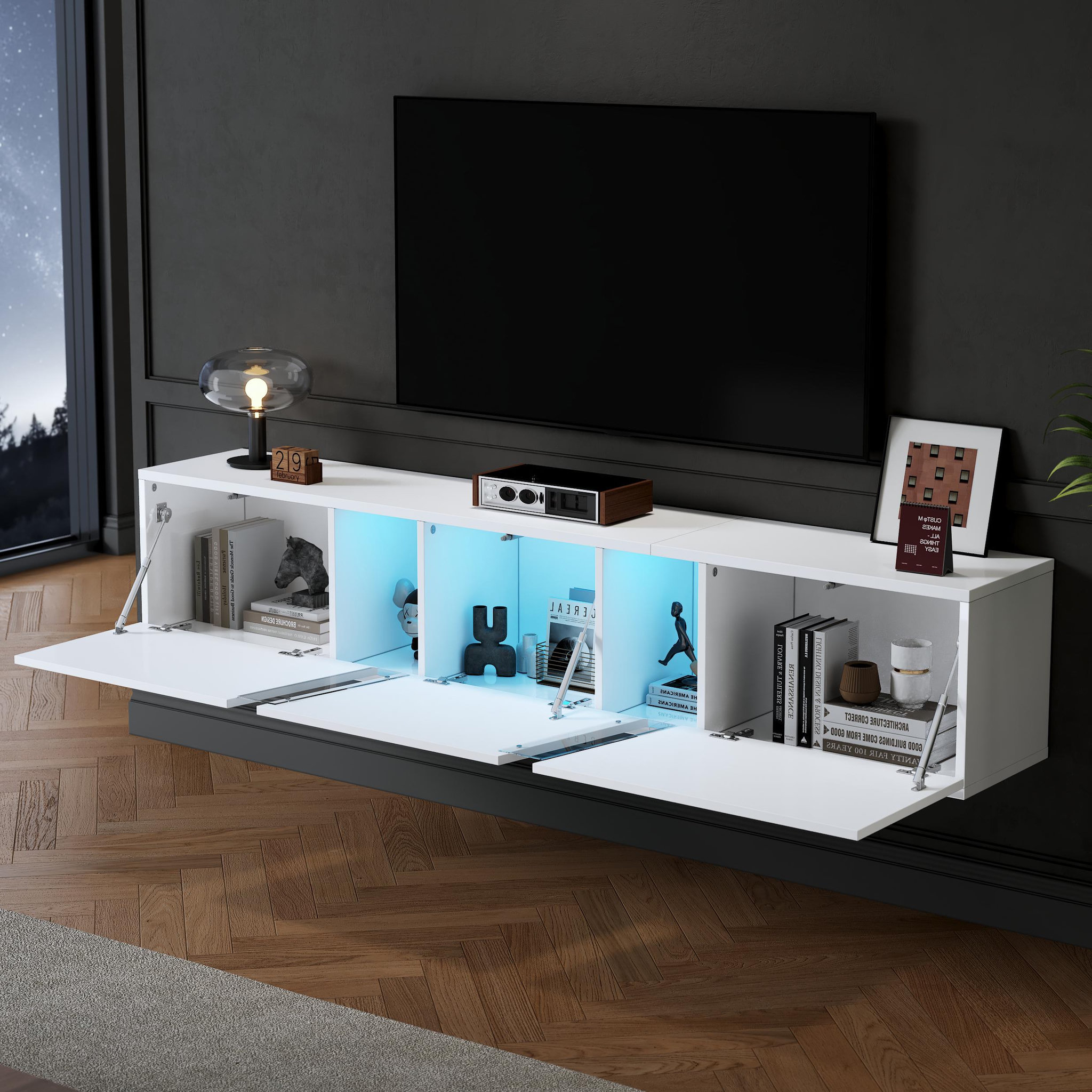 Voir la diapositive 5 : MERAX Meuble tv blanc 180cm led panneau de particules