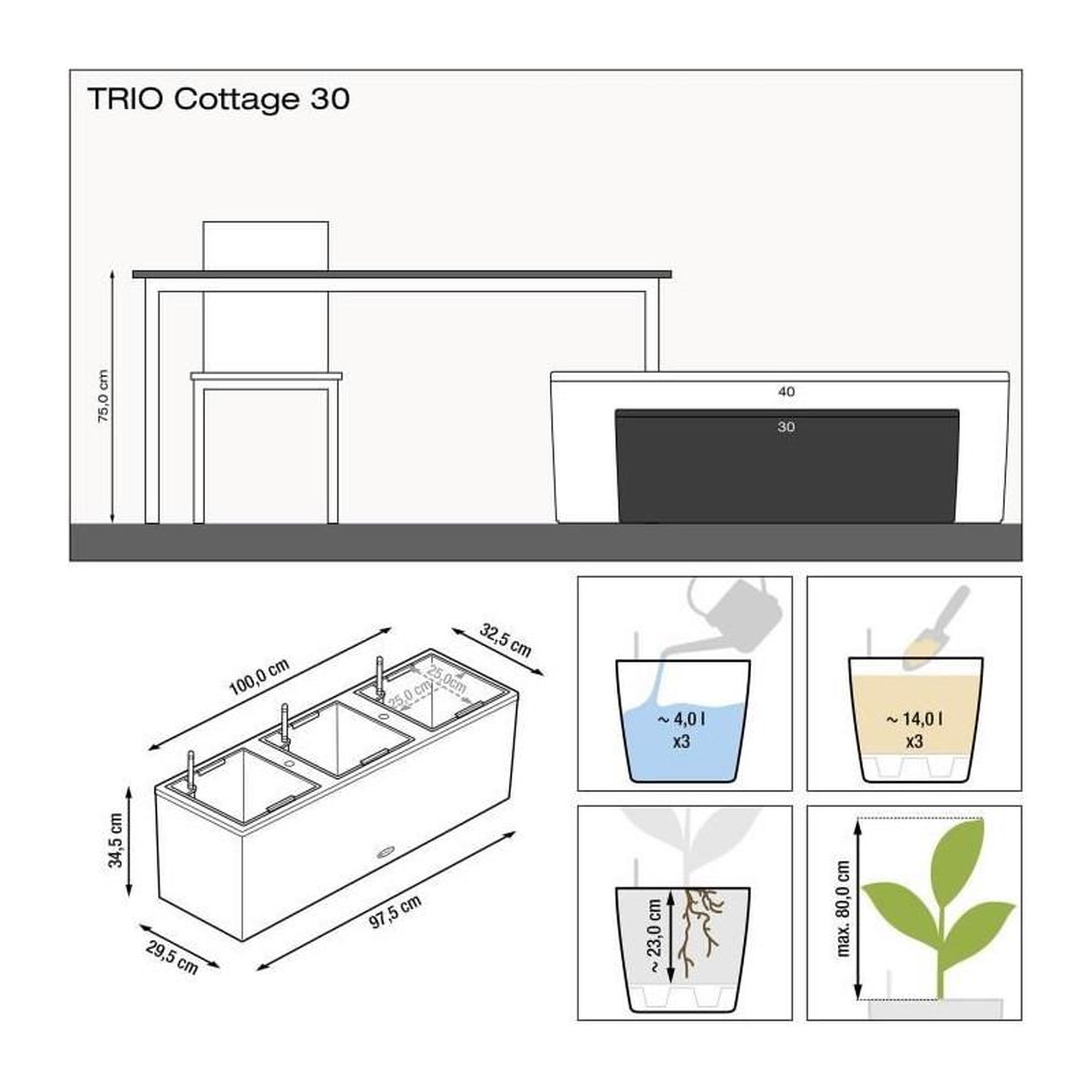 Voir la diapositive 3 : LECHUZA Pot Trio Cottage 30 - kit complet, blanc - 100 cm