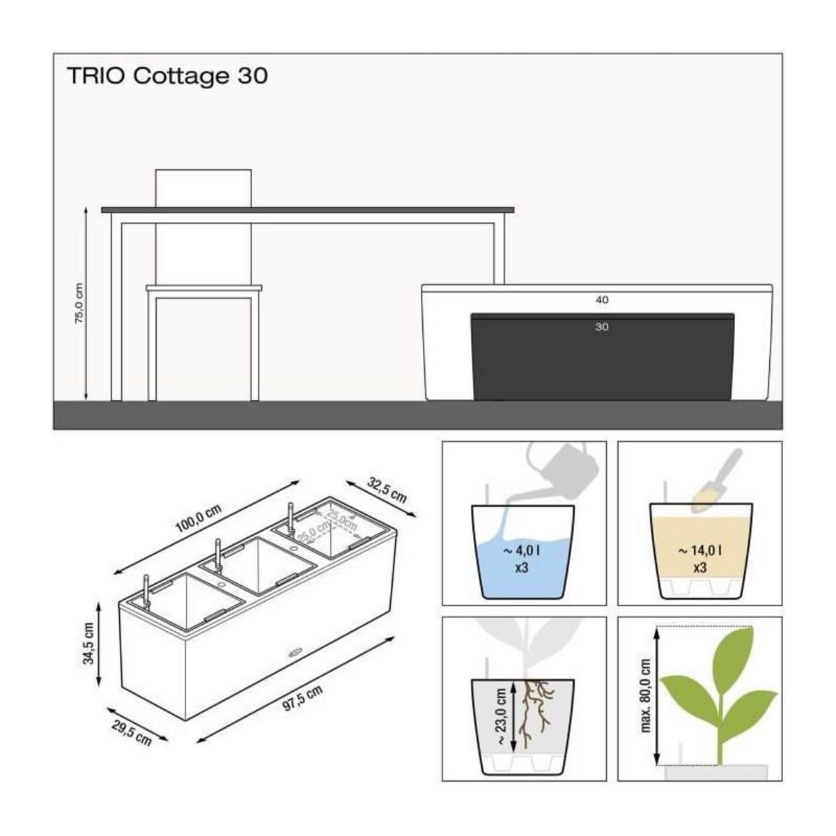 LECHUZA Pot Trio Cottage 30 - kit complet, blanc - 100 cm