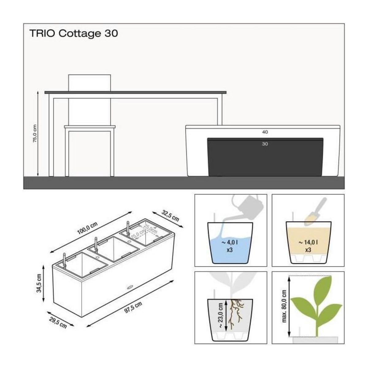 LECHUZA Pot Trio Cottage 30 - kit complet, blanc - 100 cm
