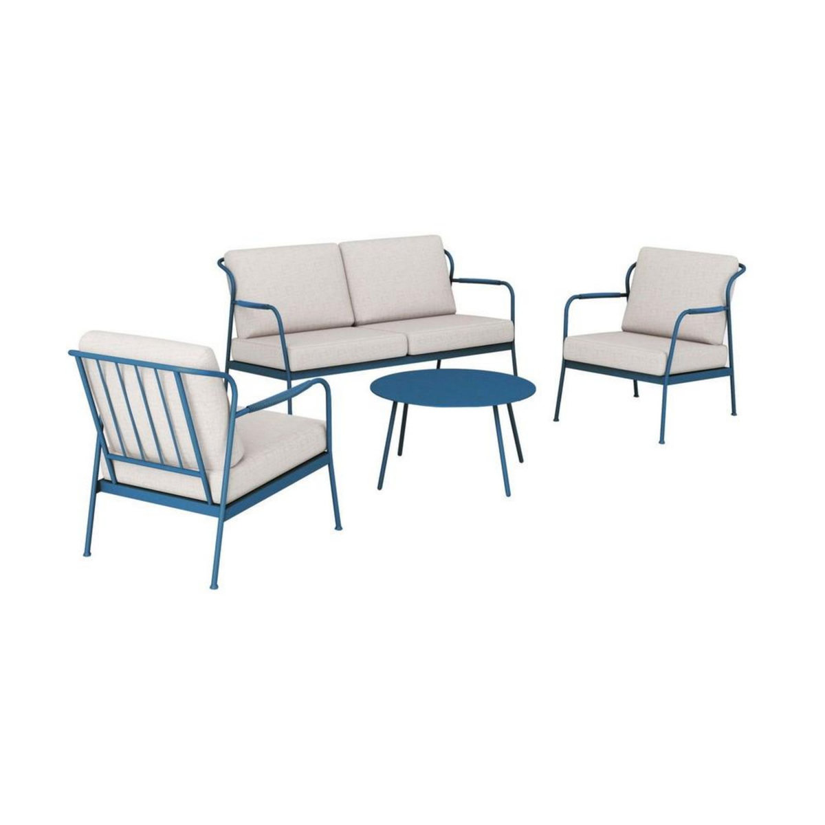 Proloisirs Ensembe salon de jardin 4 places Noa II en acier - coussins polyeste - bleu/beige clair