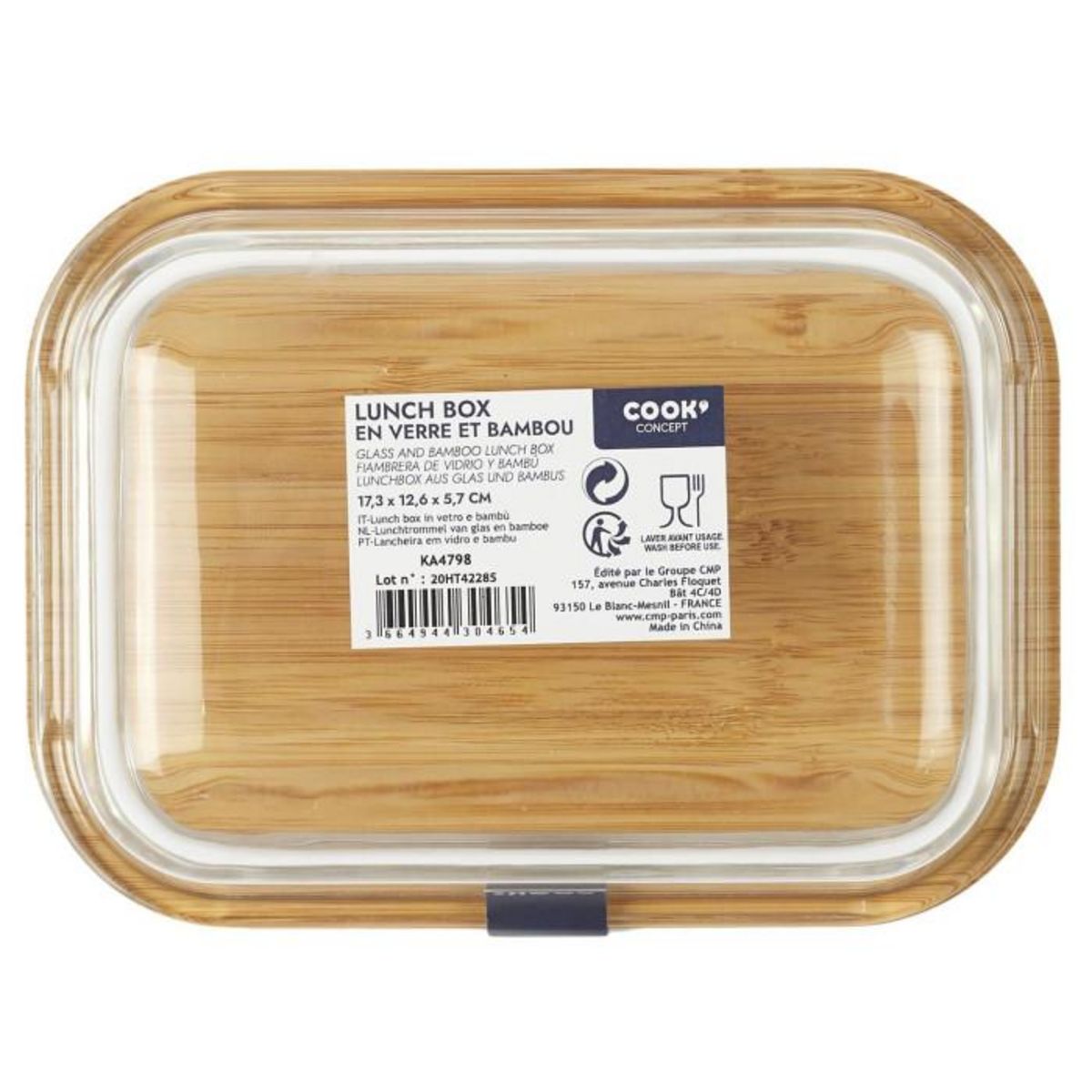 Paris Prix Lunch Box Verre & Bambou  Repas  52cl Transparent