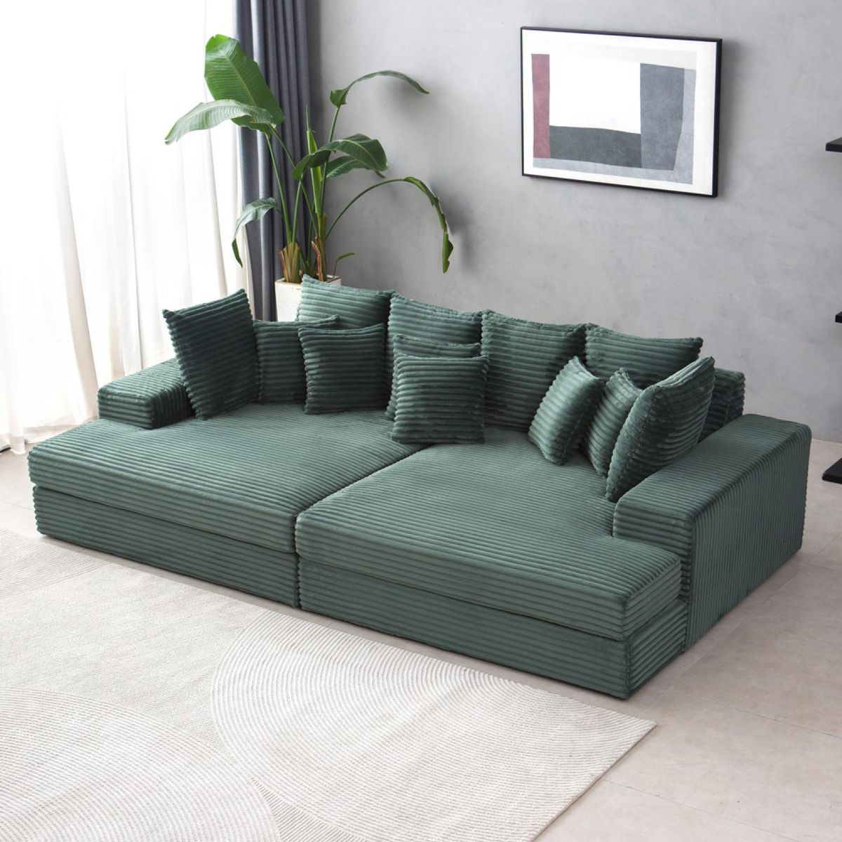 CONCEPT USINE Canapé 4 places assise profonde en velours côtelé vert CARDIFF