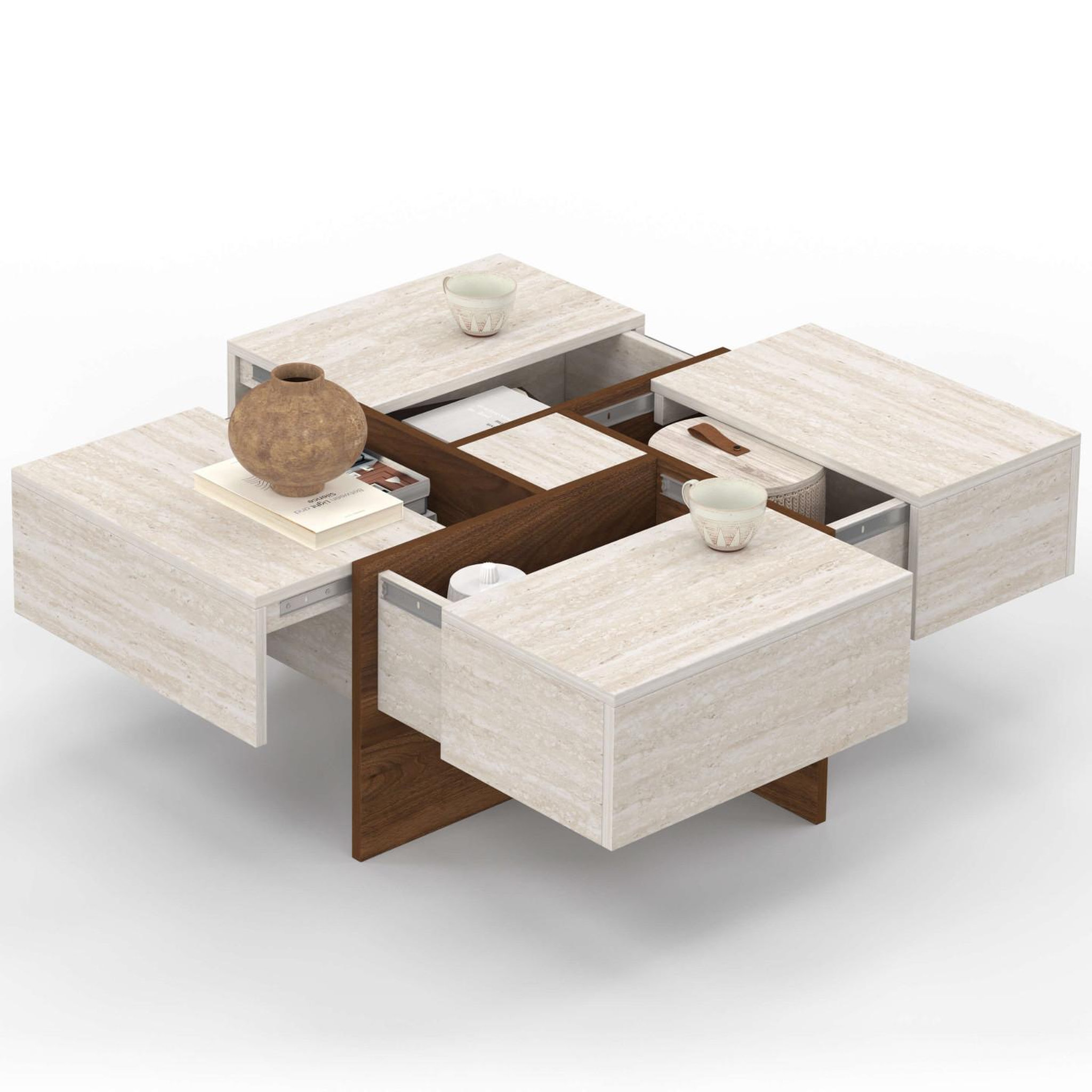 ID MARKET Table basse carrée talia 70 cm avec tiroirs bois effet noyer et plateau travertin