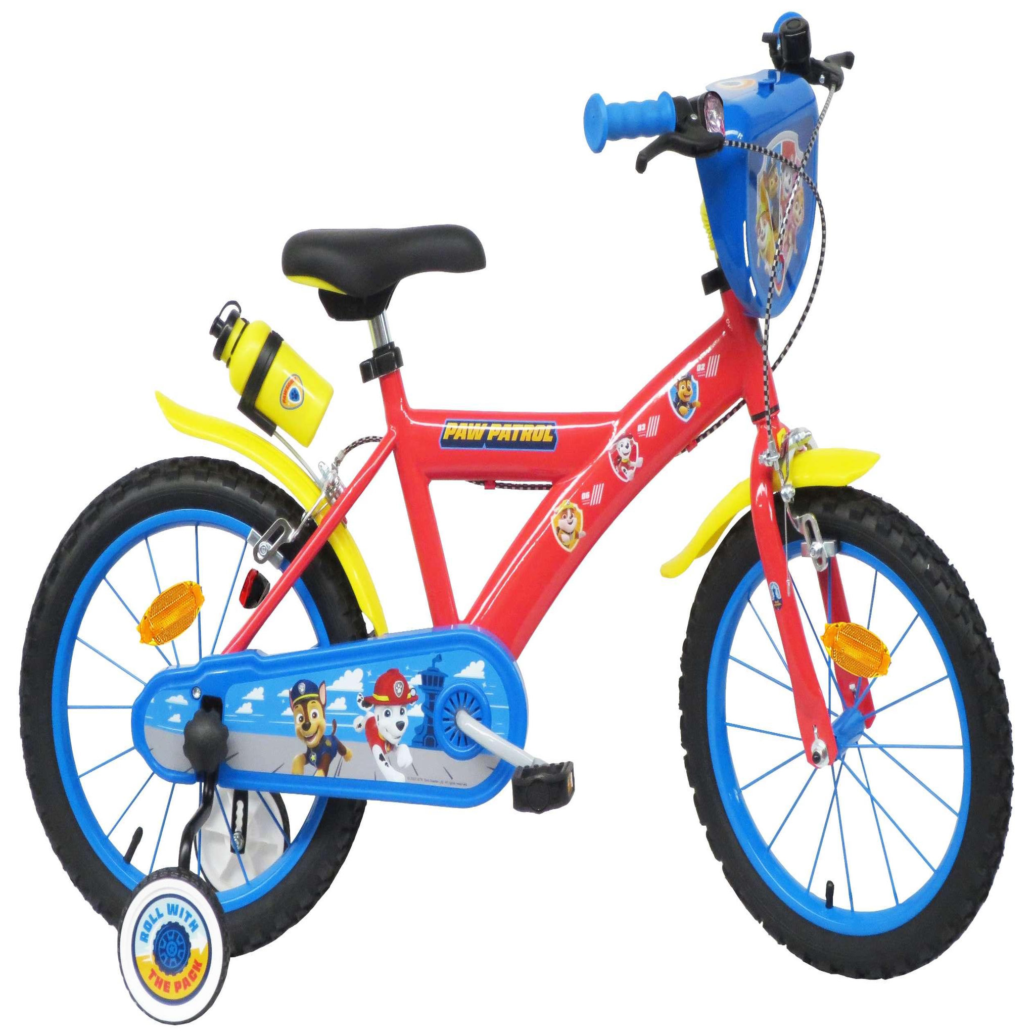 Nickelodeon Vélo enfant 16'' - Modèle Garçon Pat Patrouille pour enfant de 105 à 120 cm avec stabilisateurs - 2 freins - Plaque décorative avant - Bidon arrière et pneus gonflables