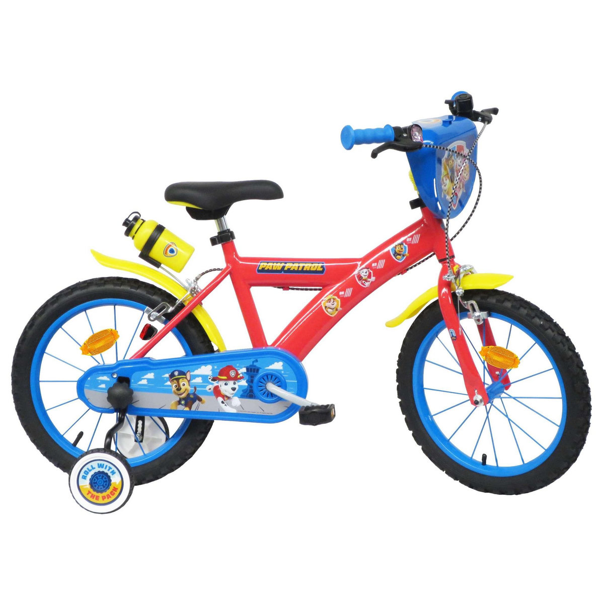 Nickelodeon Vélo enfant 16'' - Modèle Garçon Pat Patrouille pour enfant de 105 à 120 cm avec stabilisateurs - 2 freins - Plaque décorative avant - Bidon arrière et pneus gonflables
