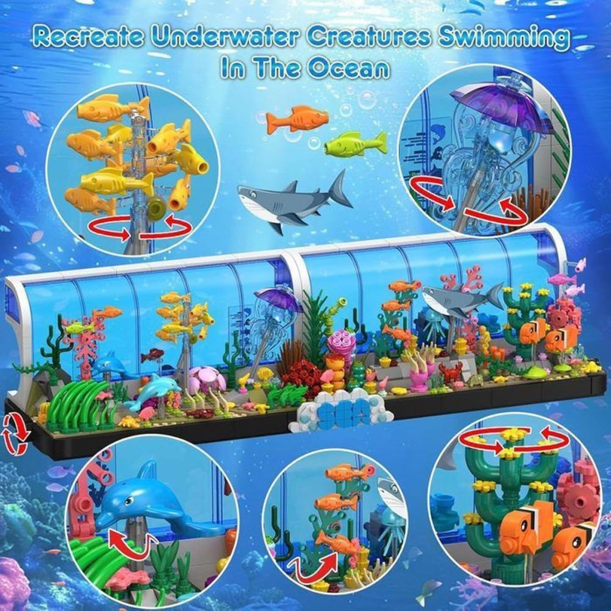 Voir la diapositive 6 : Set de construction aquarium 2 en 1 avec océanarium pivotant et animaux marins, 1 316 pièces ABS