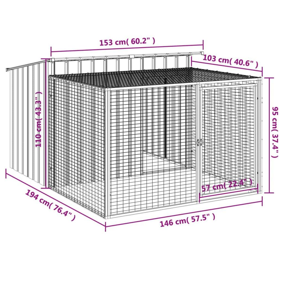 VIDAXL Niche pour chien avec cour anthracite 153x194x110 cm