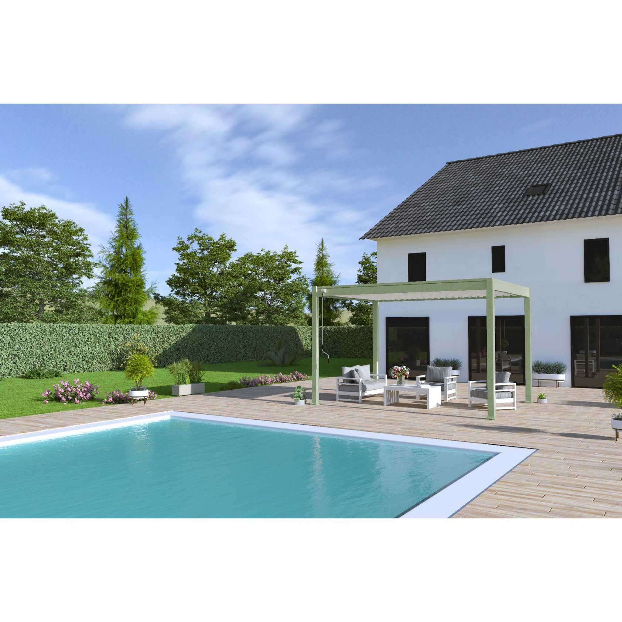 Voir la diapositive 1 : Pergola Bioclimatique autoportée 3x4 m - Aluminium - Vert jade/blanc - VS OmBREA®