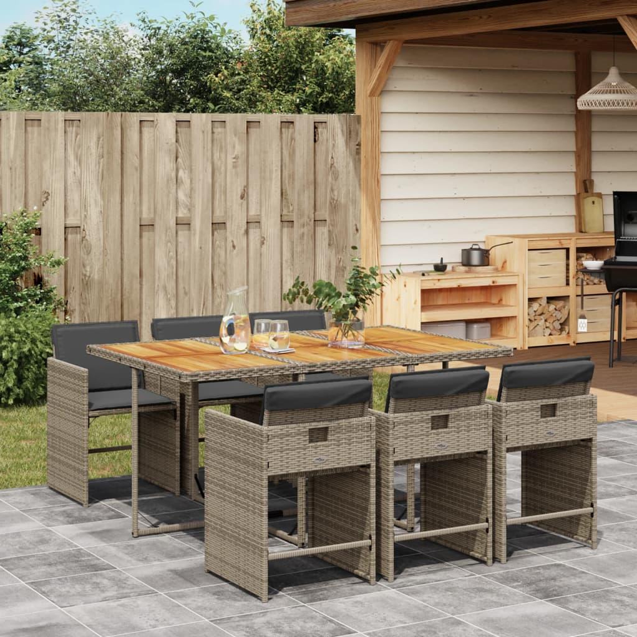 VIDAXL Ensemble a manger de jardin et coussins 7 pcs gris rotin
