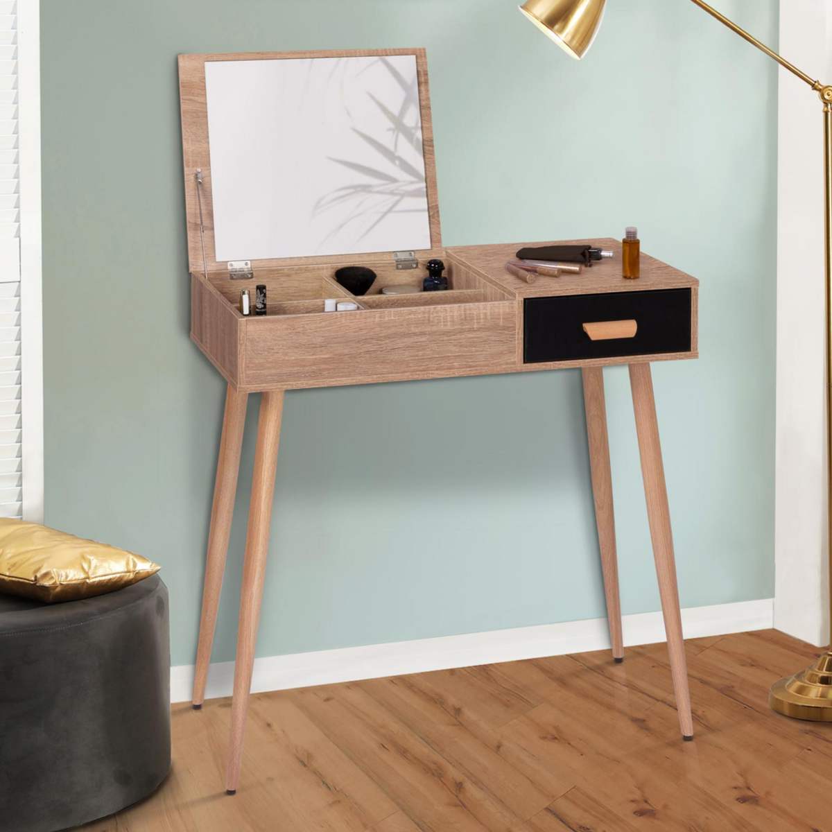 ID MARKET Coiffeuse scandinave LISA miroir rabattable hêtre et noir