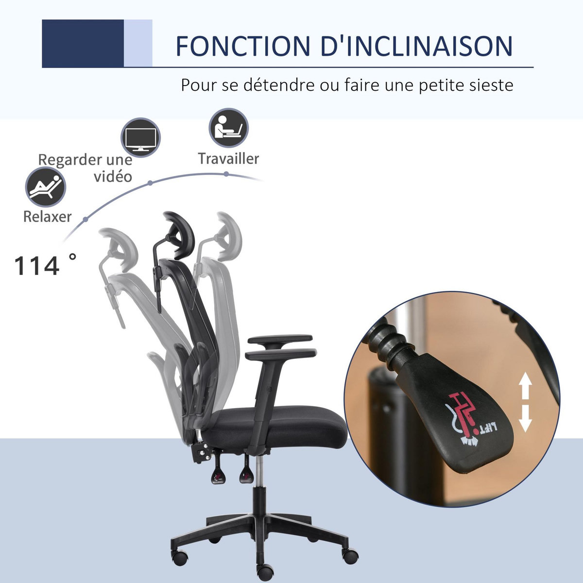 VINSETTO Fauteuil de bureau manager grand confort dossier ergonomique inclinable hauteur assise réglable pivotant tissu maille noir