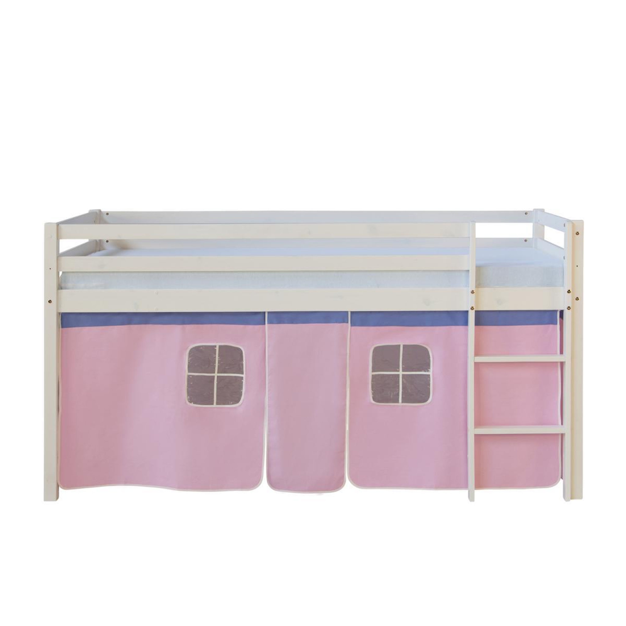 Voir la diapositive 2 : HomeStyle4U Lit Simple Blanc 90x200 en hauteur avec echelle et rideau rose