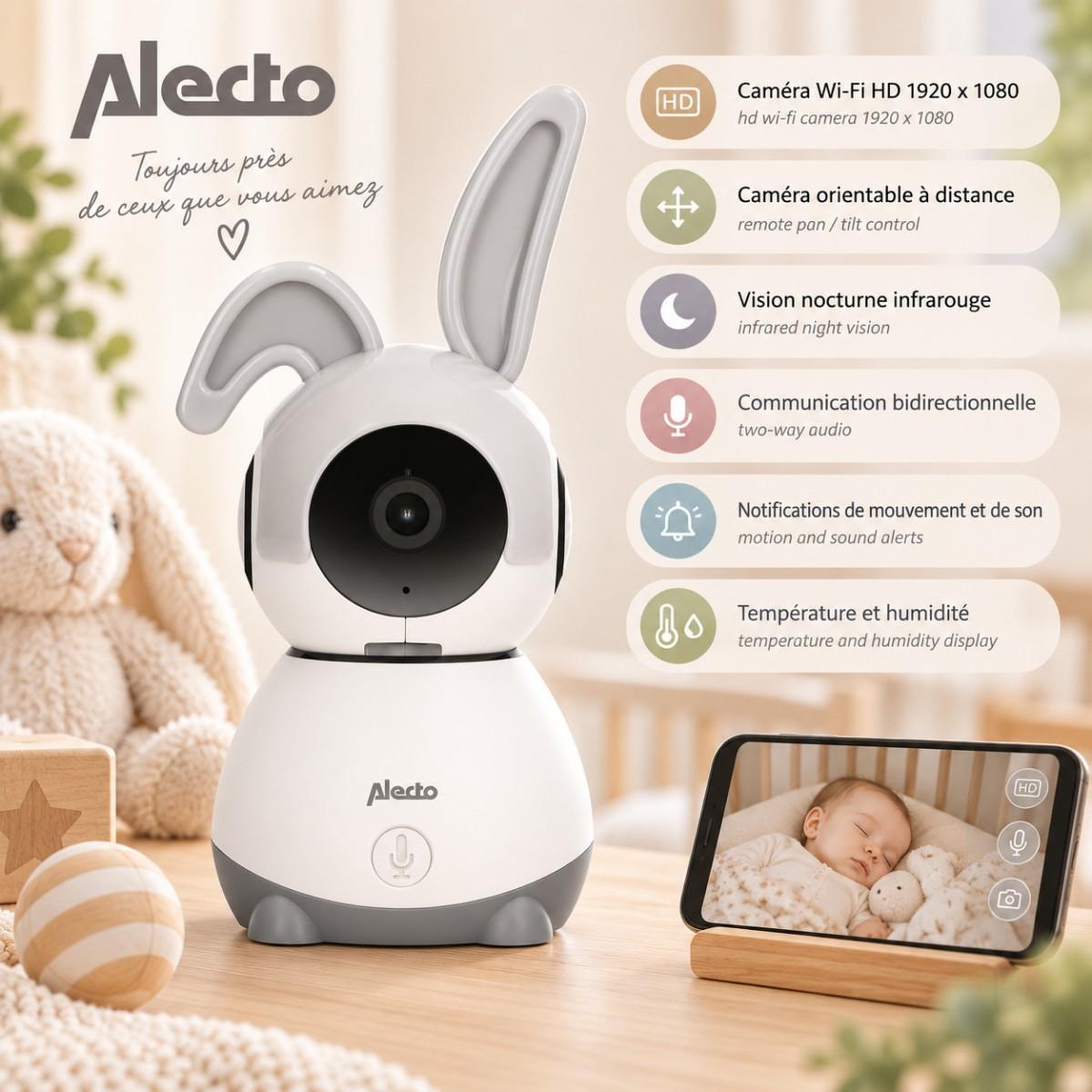 Voir la diapositive 4 : ALECTO Babyphone Wi-Fi Caméra Full HD 1080p orientable Vision Nocturne Interphone Alertes Alecto