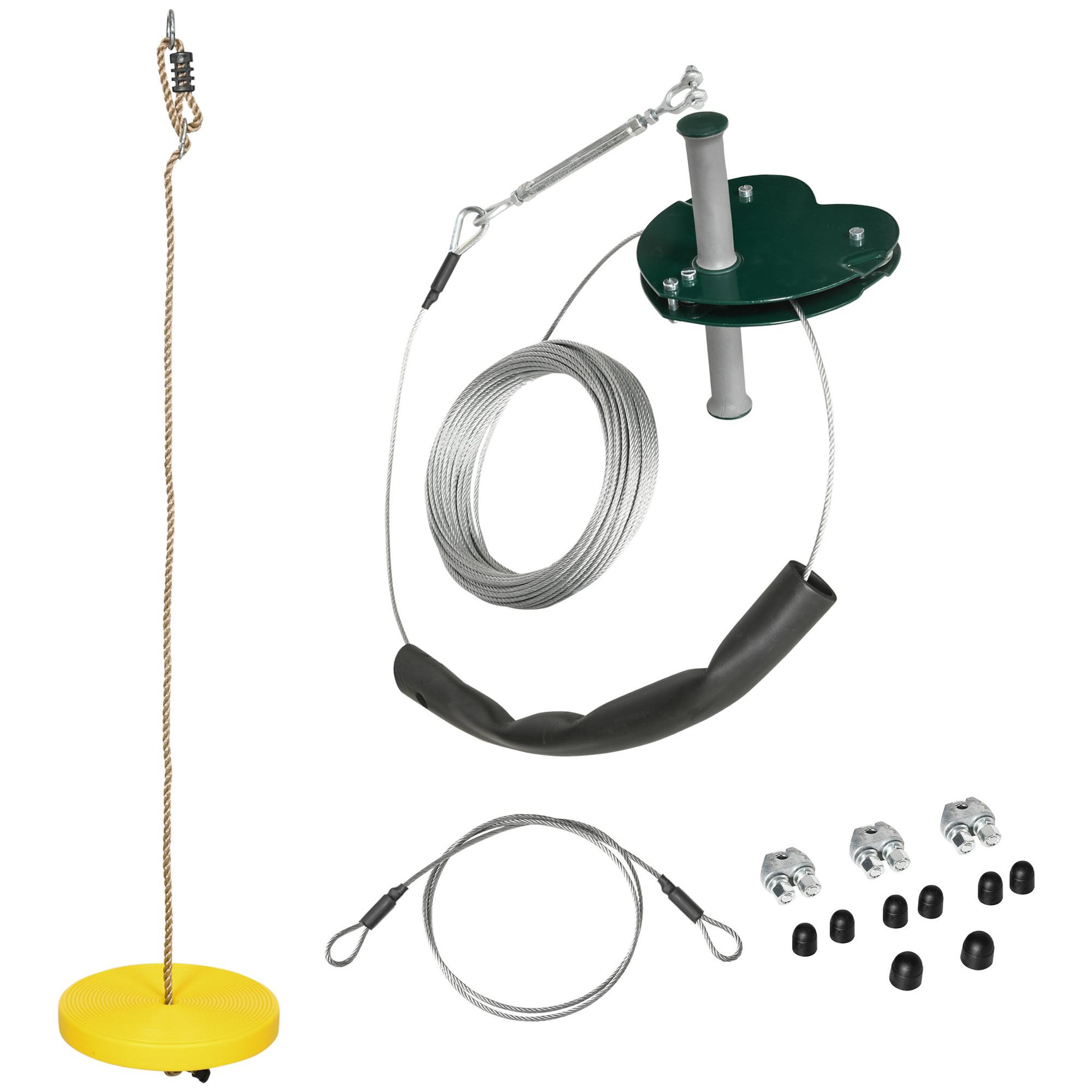 Voir la diapositive 1 : OUTSUNNY Kit complet tyrolienne 25 m - câble épais, poulie, poignées antidérapantes, assise PE - accessoires inclus