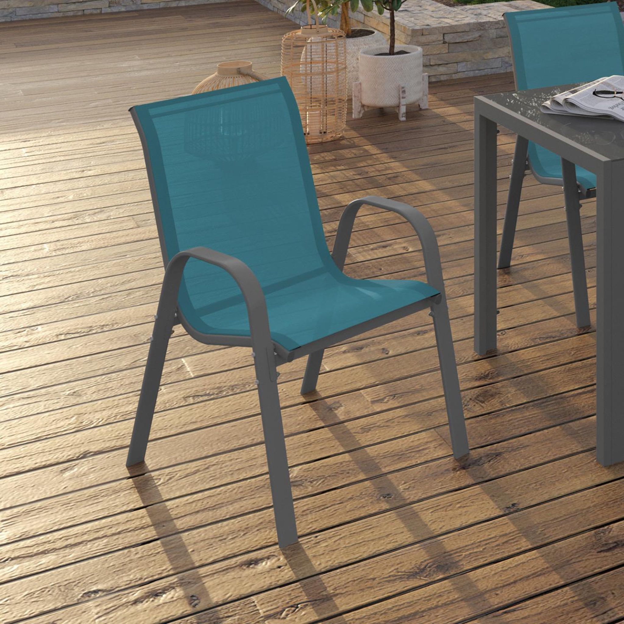 Voir la diapositive 2 : ID MARKET Lot de 4 chaises de jardin lyma métal et textilène empilables bleu canard