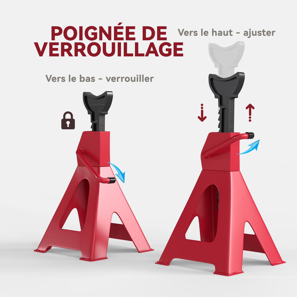 HOMCOM Lot de 2 chandelles voiture - chandelles de levage 3T hauteur réglable 290-425 mm - acier fonte rouge