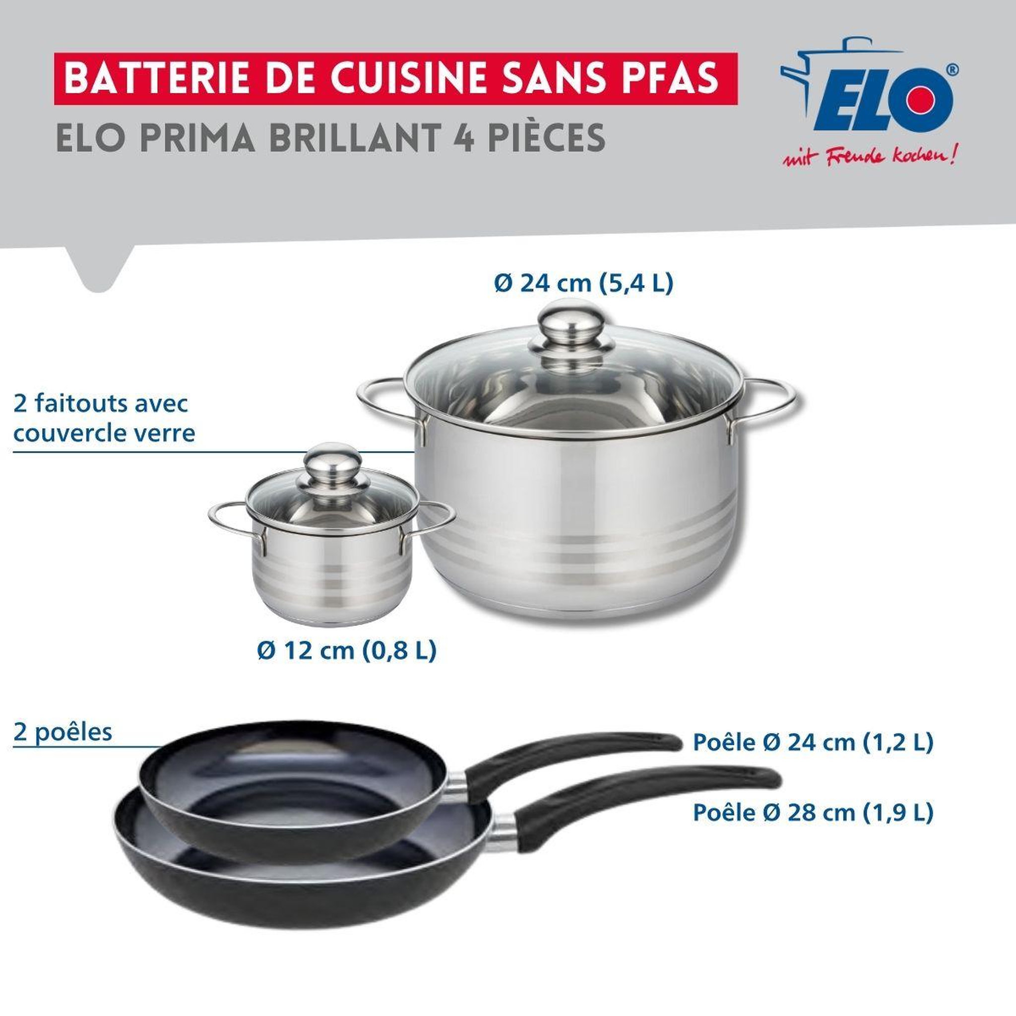 Voir la diapositive 2 : ELO Ensemble de 2 poêles de cuisson 24 et 28 cm et 2 faitouts 12 et 24 cm elo prima brillant